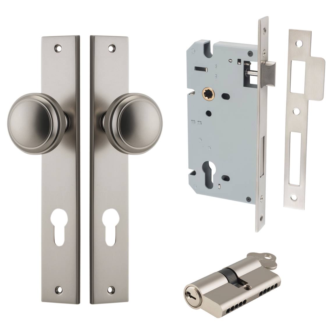 Paddington Knob Rectangular Backplate Entrance Kit w High Security Lock Satin Nickel