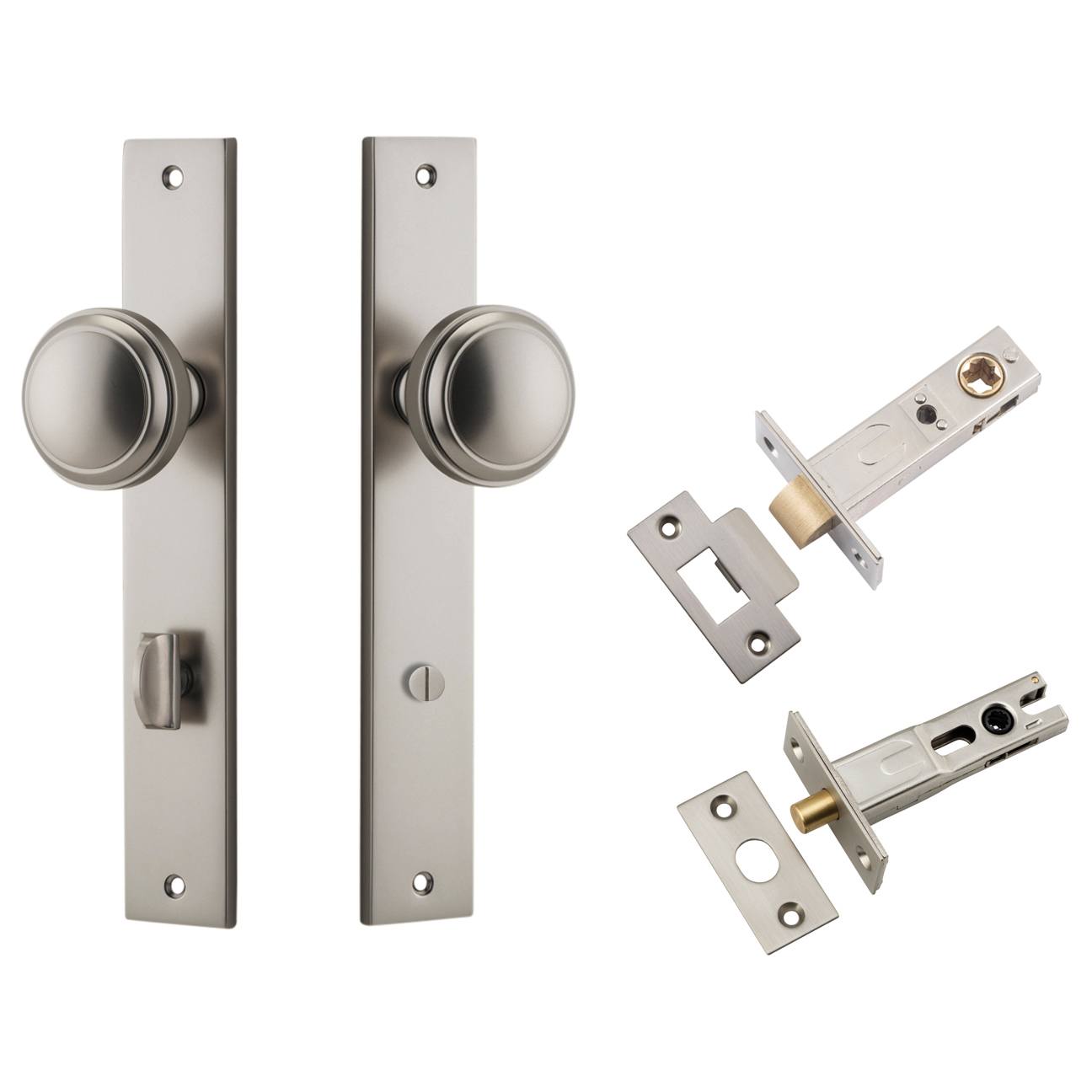 Paddington Knob Rectangular Backplate Privacy Kit w Privacy Turn Satin Nickel