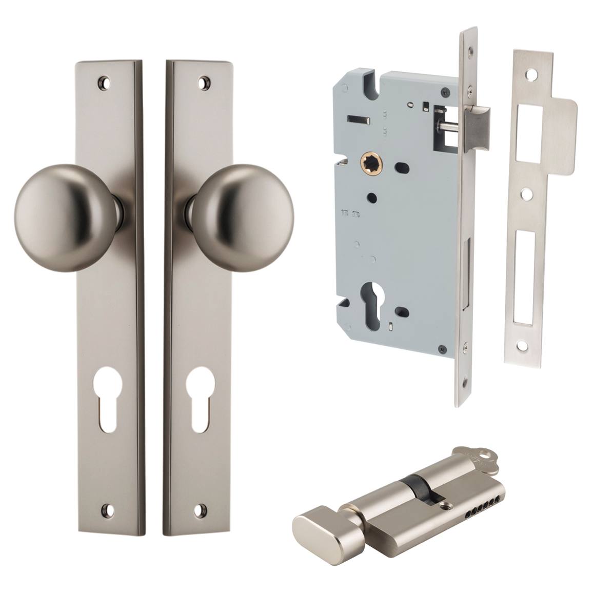 Cambridge Knob Rectangular Backplate Entrance Kit w High Security Lock Satin Nickel