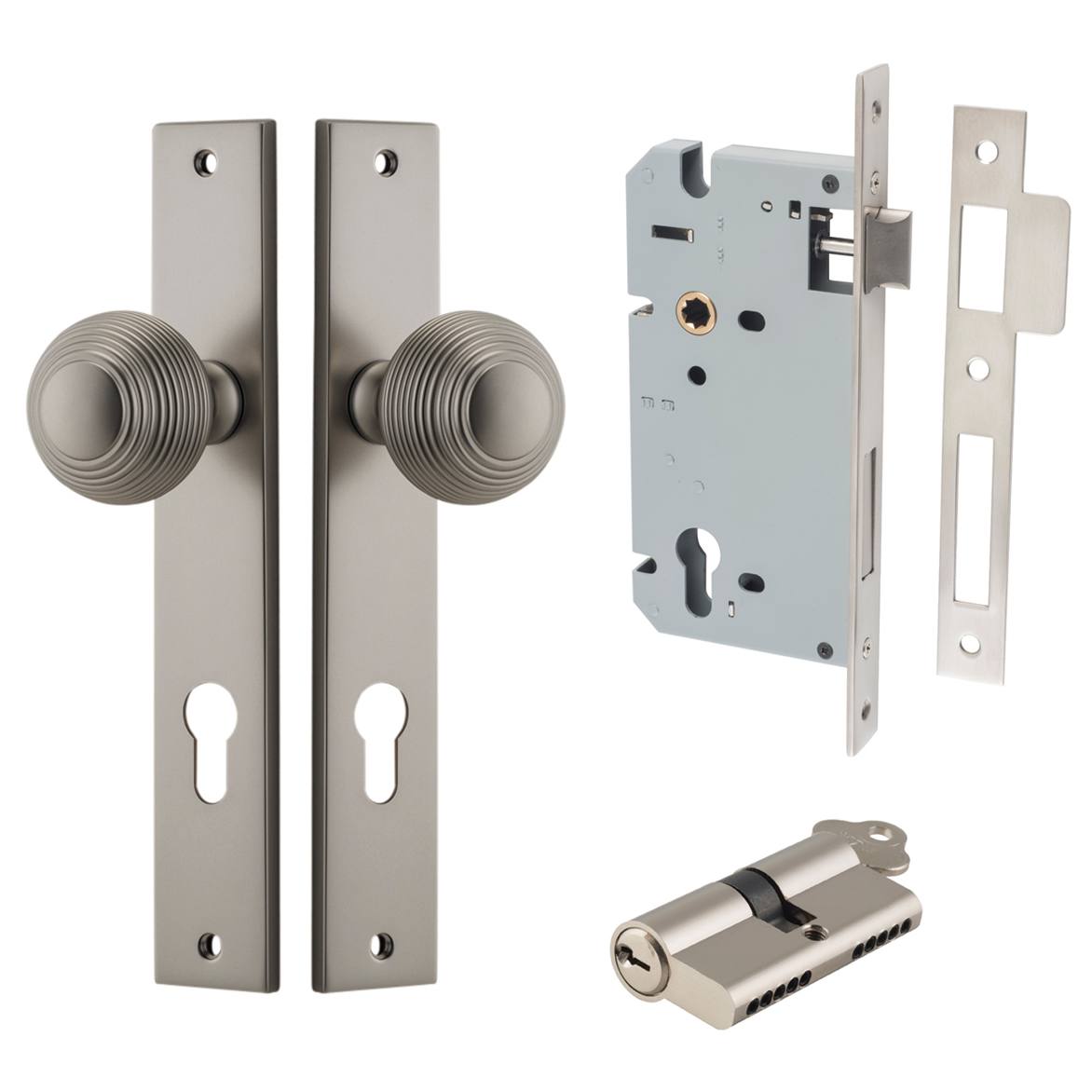 Guildford Knob Rectangular Backplate Entrance Kit w High Security Lock Satin Nickel