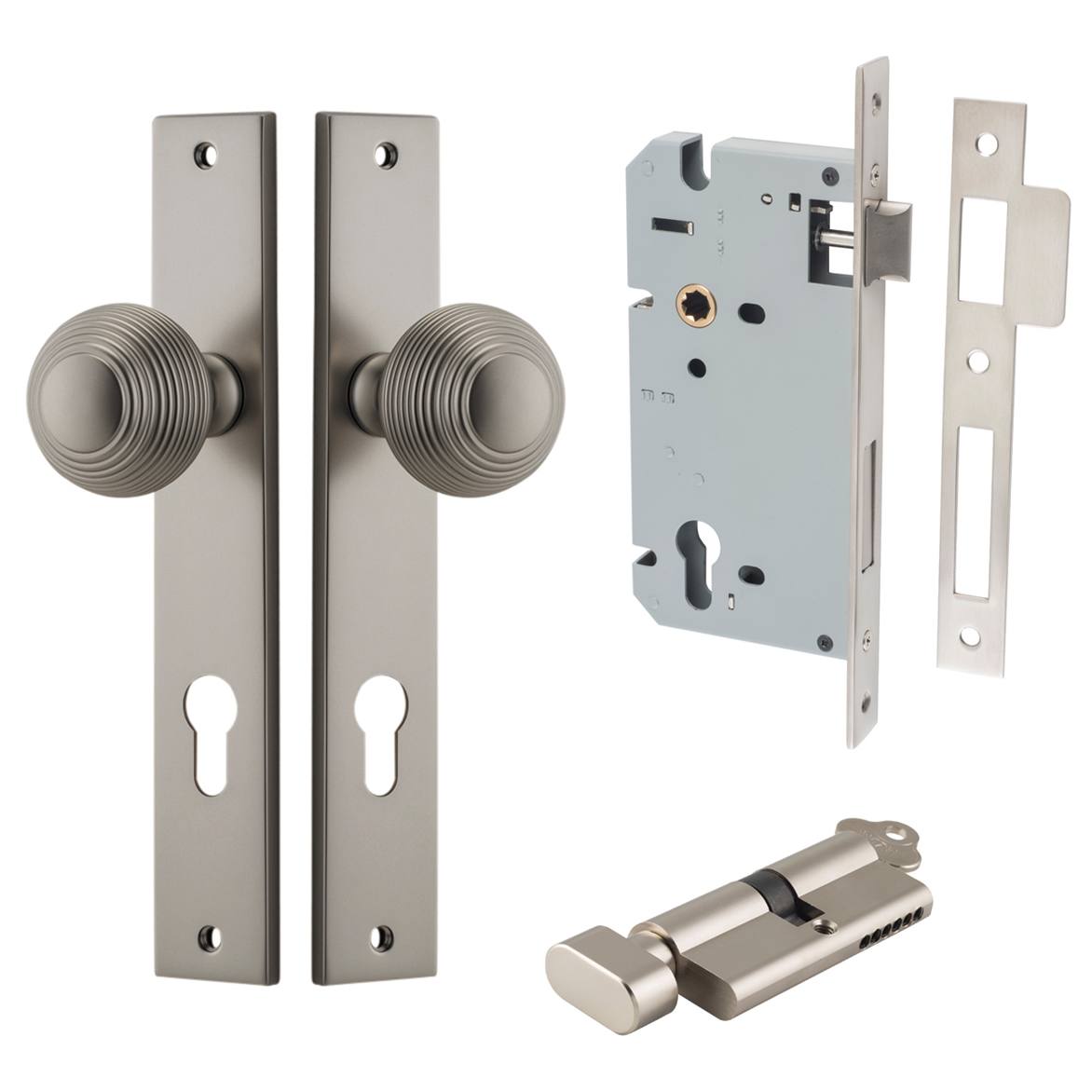 Guildford Knob Rectangular Backplate Entrance Kit w High Security Lock Satin Nickel