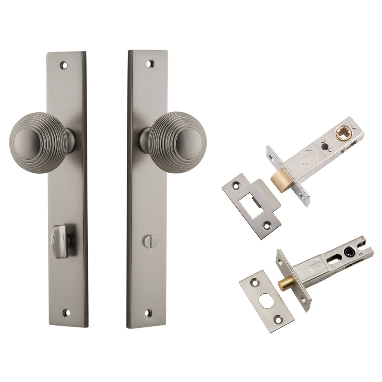 Guildford Knob Rectangular Backplate Privacy Kit w Privacy Turn Satin Nickel