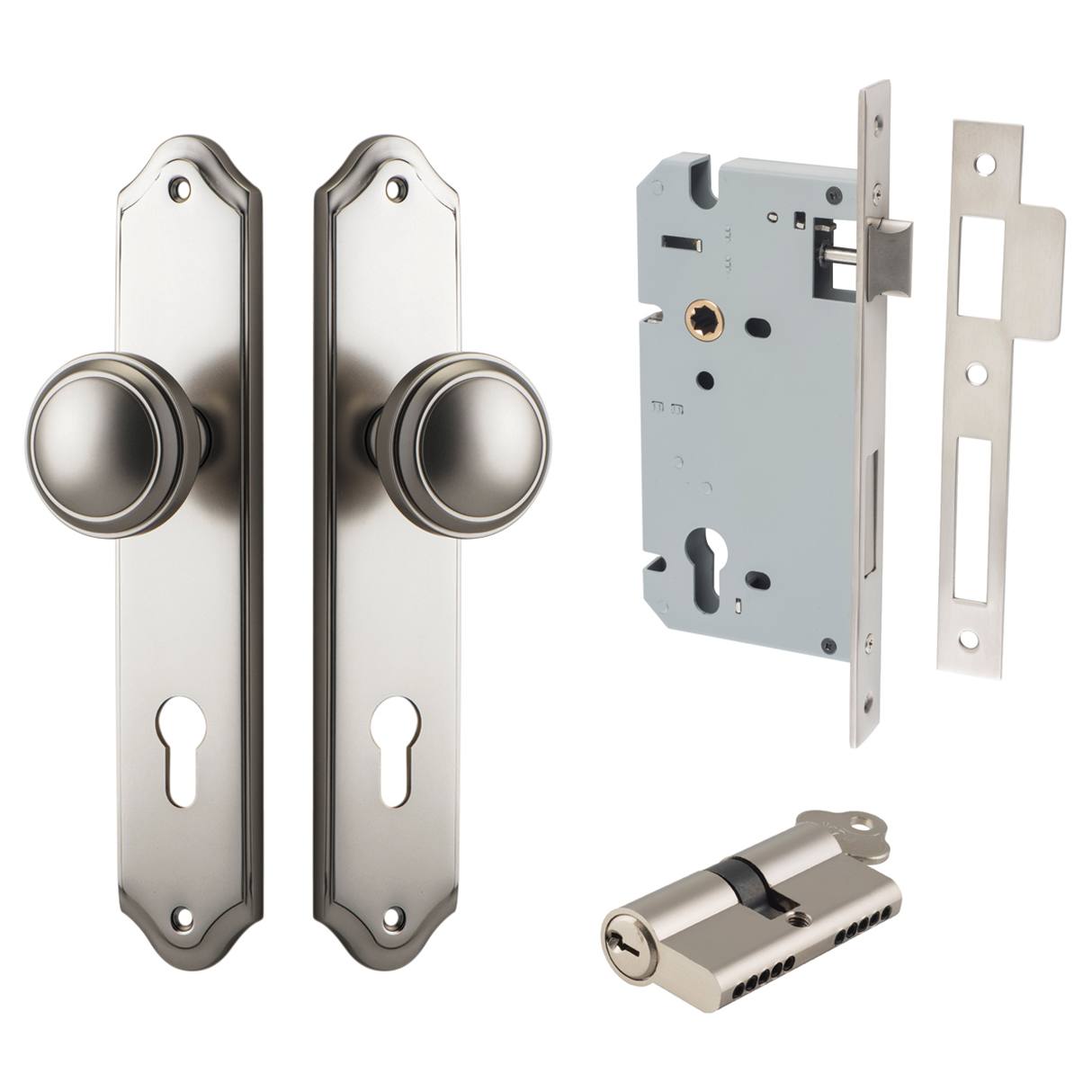 Paddington Knob Shouldered Backplate Entrance Kit w High Security Lock Satin Nickel