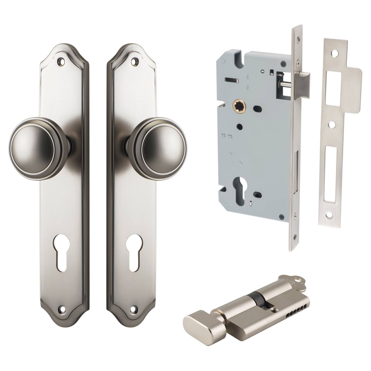 Paddington Knob Shouldered Backplate Entrance Kit w High Security Lock Satin Nickel