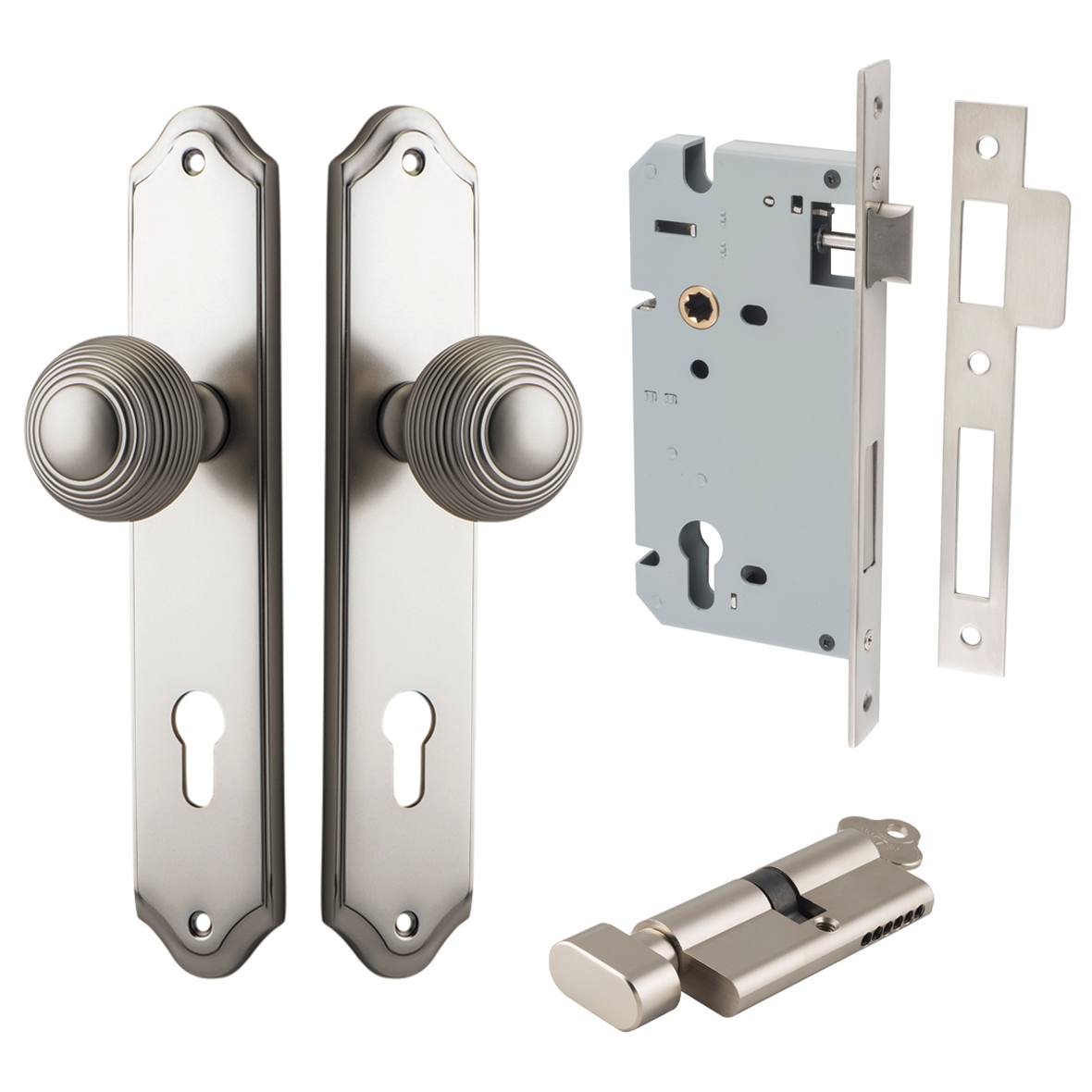 Guildford Knob Shouldered Backplate Entrance Kit w High Security Lock Satin Nickel