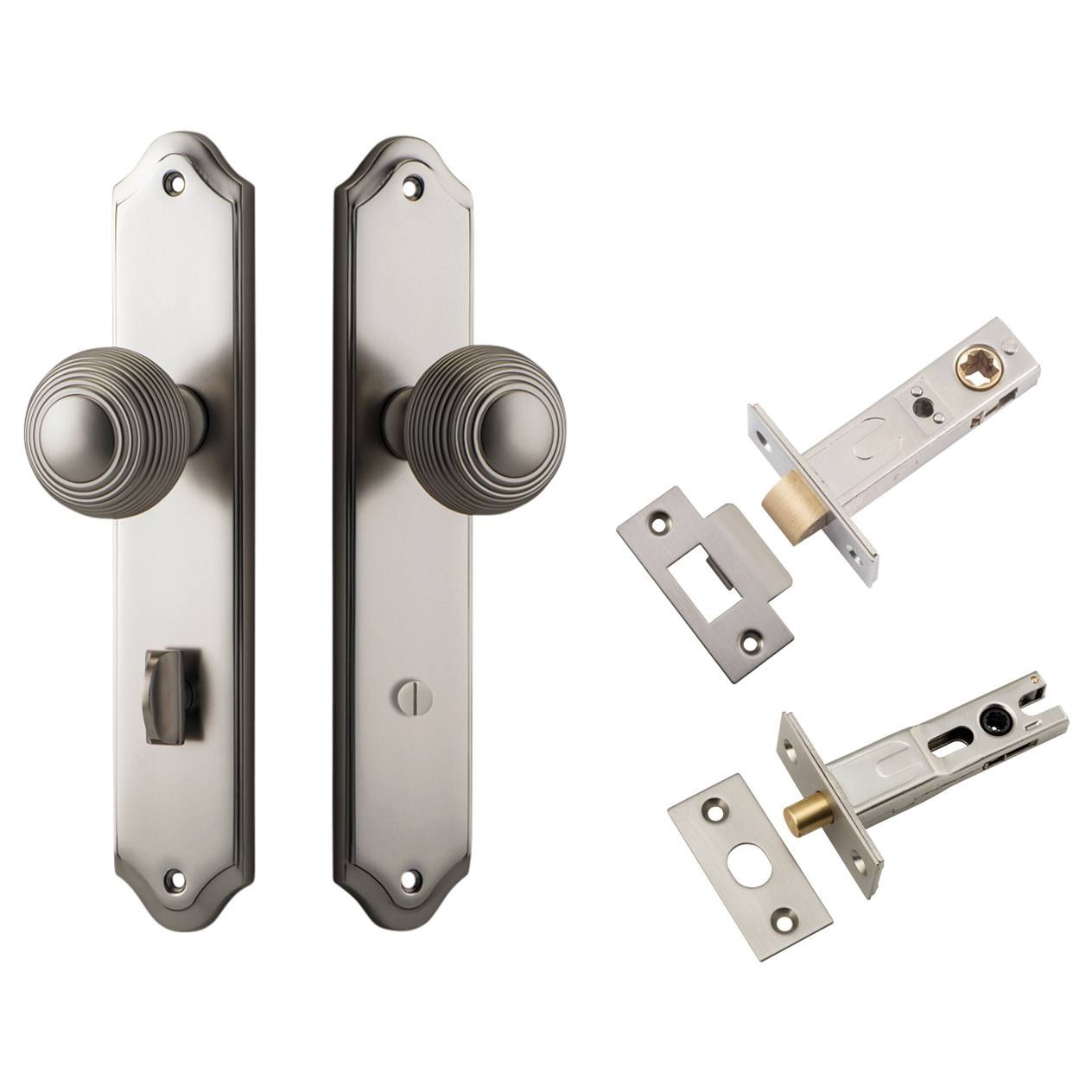 Guildford Knob Shouldered Backplate Privacy Kit w Privacy Turn Satin Nickel