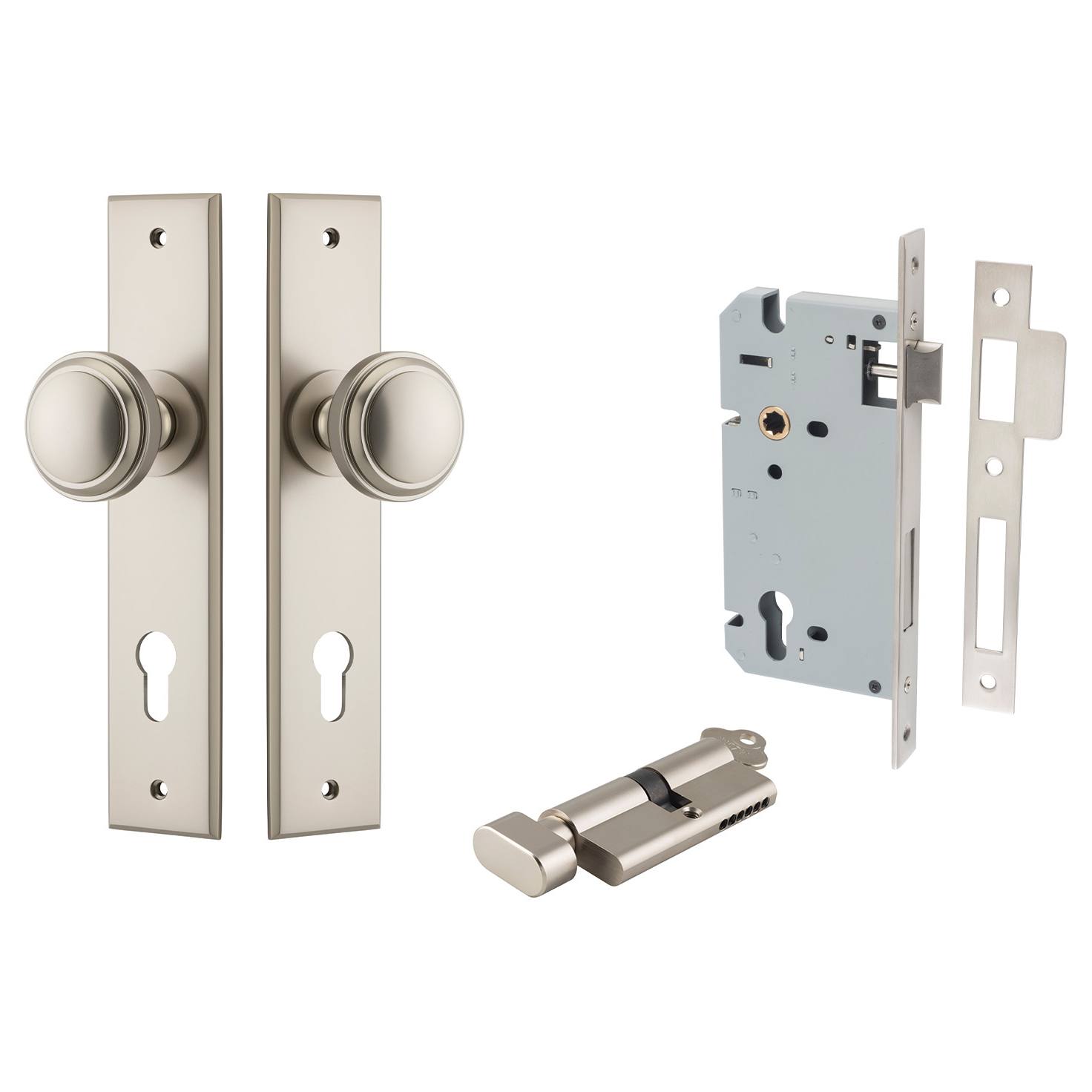 Paddington Knob Chamfered Backplate Entrance Kit w High Security Lock Satin Nickel