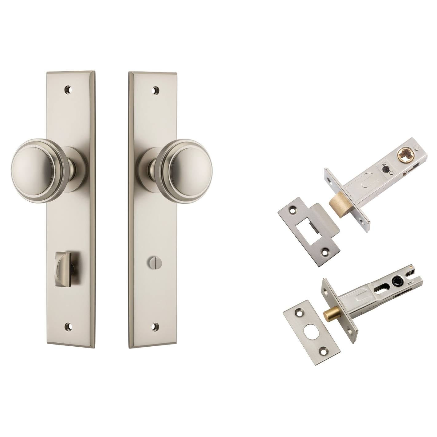 Paddington Knob Chamfered Backplate Privacy Kit w Privacy Turn Satin Nickel