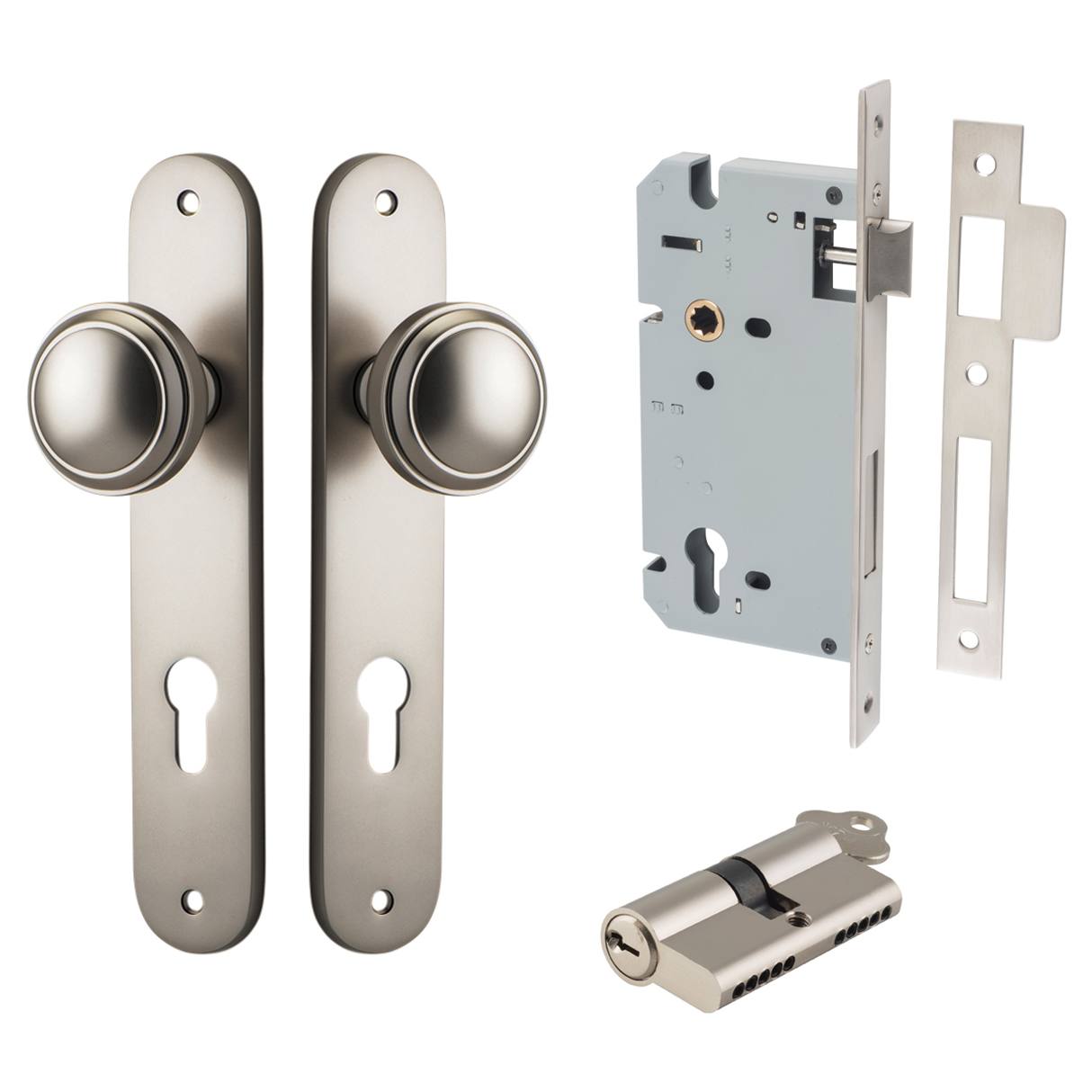 Paddington Knob Oval Backplate Entrance Kit w High Security Lock Satin Nickel