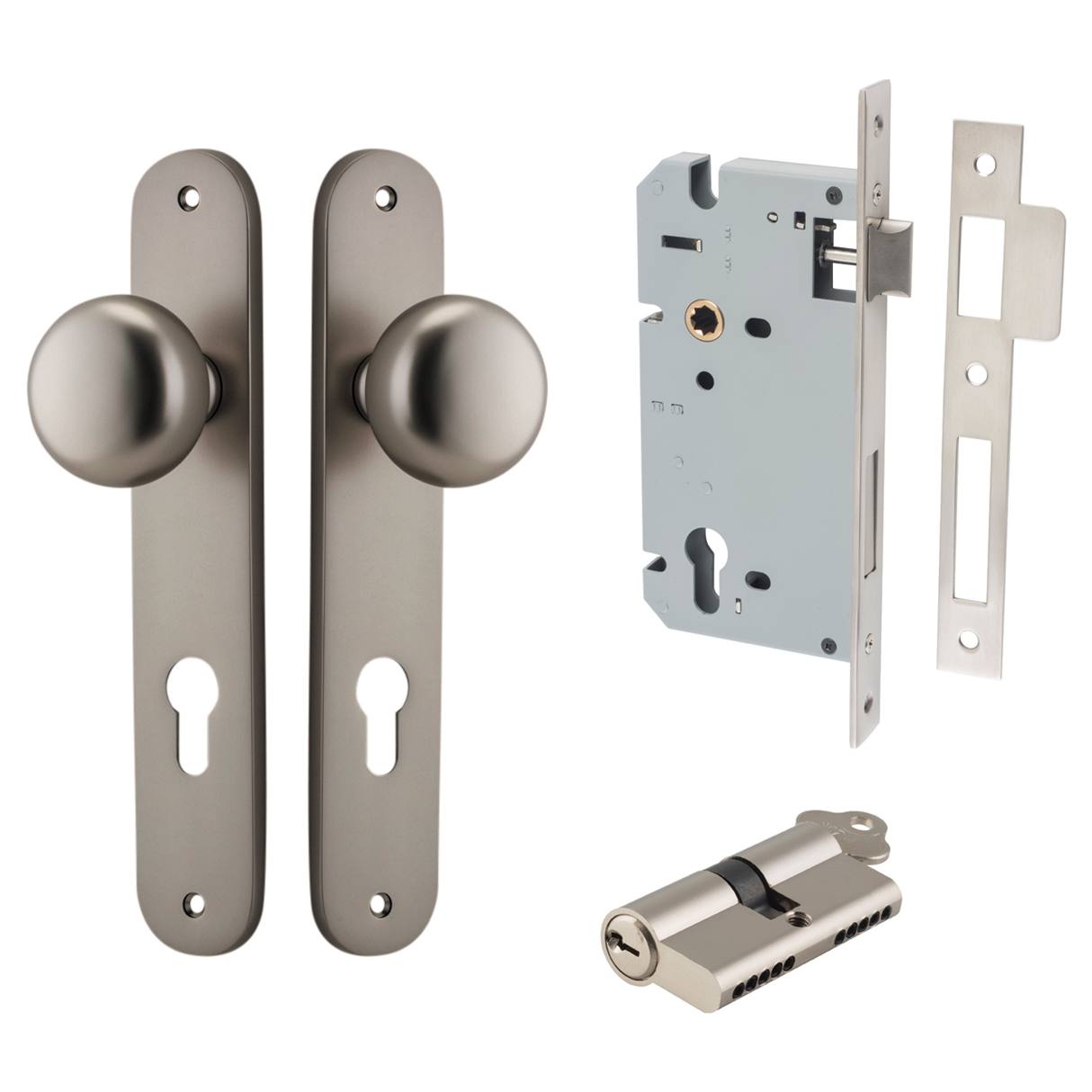 Cambridge Knob Oval Backplate Entrance Kit w High Security Lock Satin Nickel