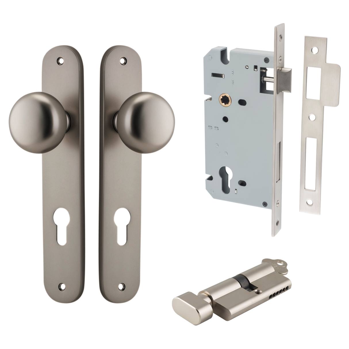 Cambridge Knob Oval Backplate Entrance Kit w High Security Lock Satin Nickel