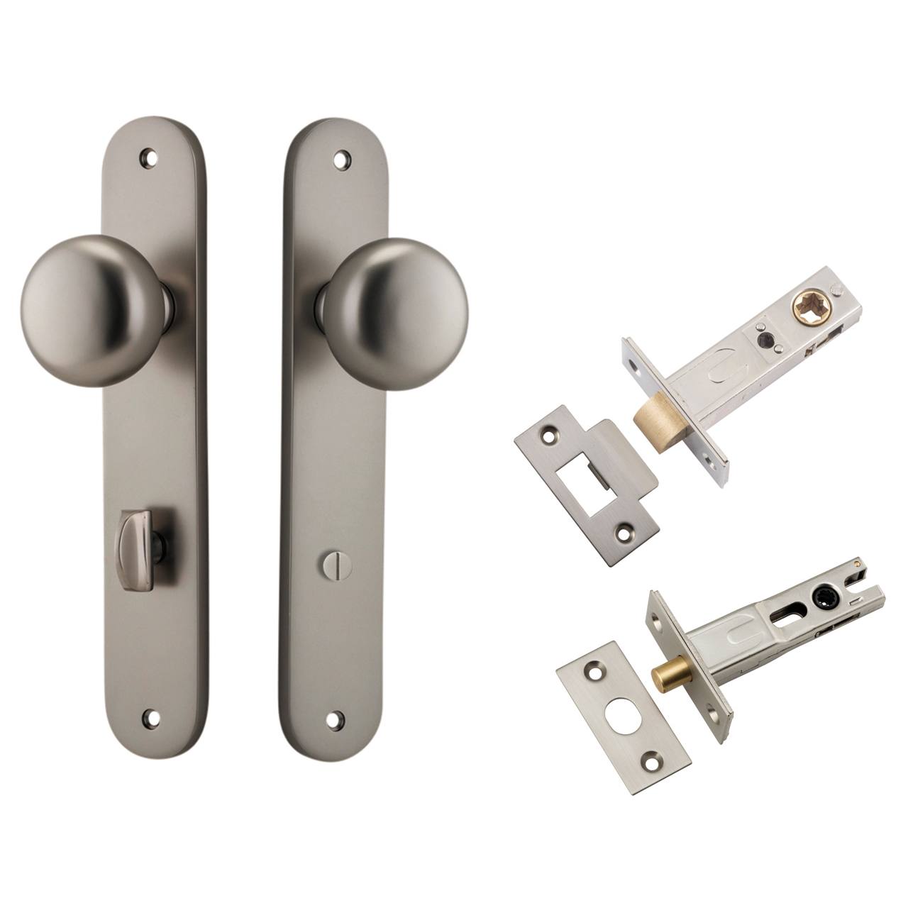 Cambridge Knob Oval Backplate Privacy Kit w Privacy Turn Satin Nickel