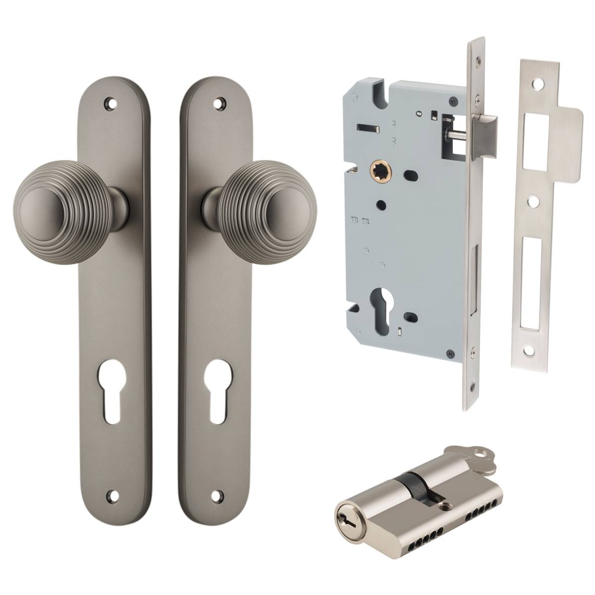 Guildford Knob Oval Backplate Entrance Kit w High Security Lock Satin Nickel
