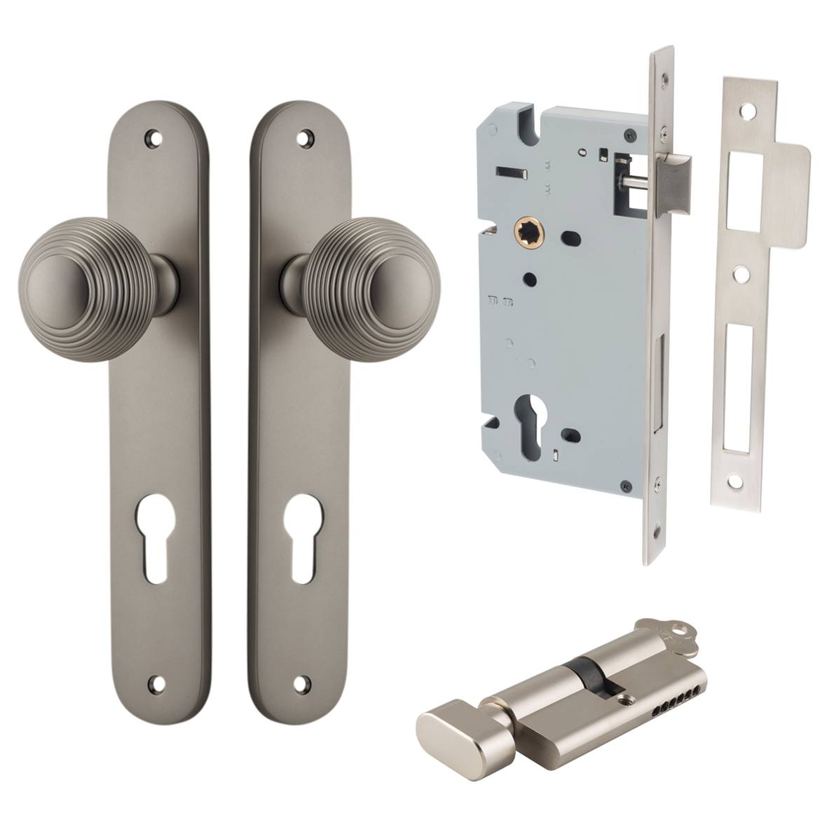 Guildford Knob Oval Backplate Entrance Kit w High Security Lock Satin Nickel