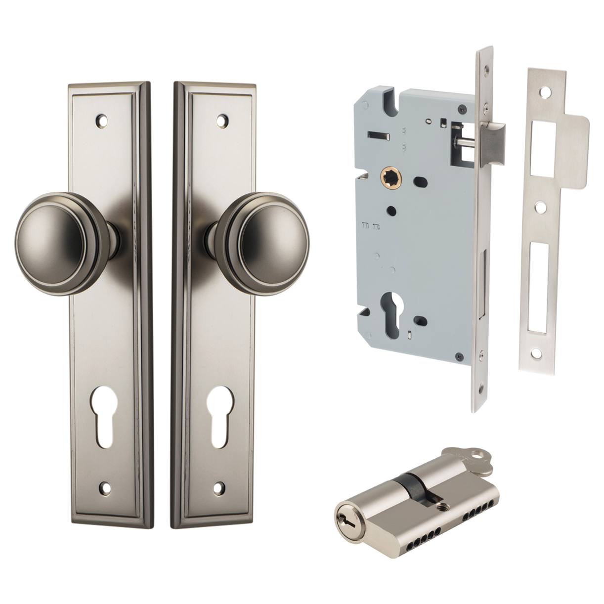 Paddington Knob Stepped Backplate Entrance Kit w High Security Lock Satin Nickel