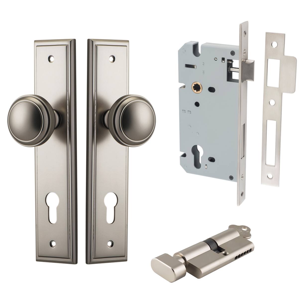 Paddington Knob Stepped Backplate Entrance Kit w High Security Lock Satin Nickel