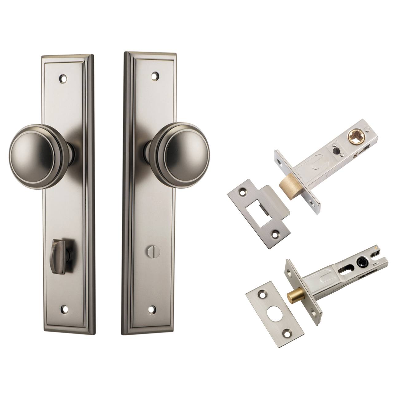 Paddington Knob Stepped Backplate Privacy Kit w Privacy Turn Satin Nickel