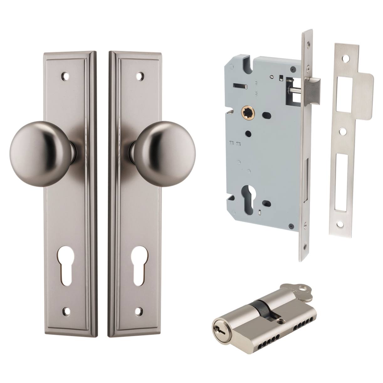 Cambridge Knob Stepped Backplate Entrance Kit w High Security Lock Satin Nickel