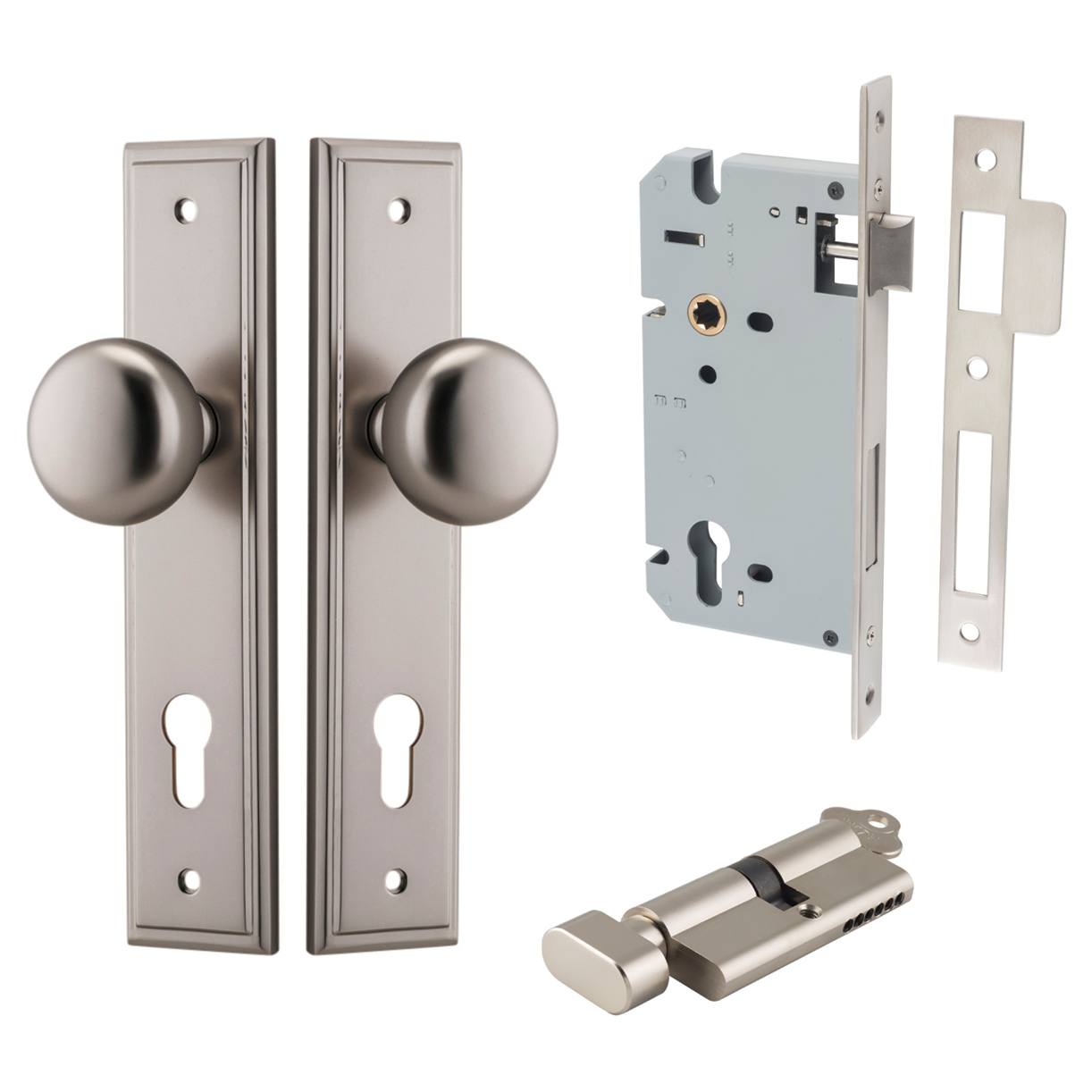 Cambridge Knob Stepped Backplate Entrance Kit w High Security Lock Satin Nickel
