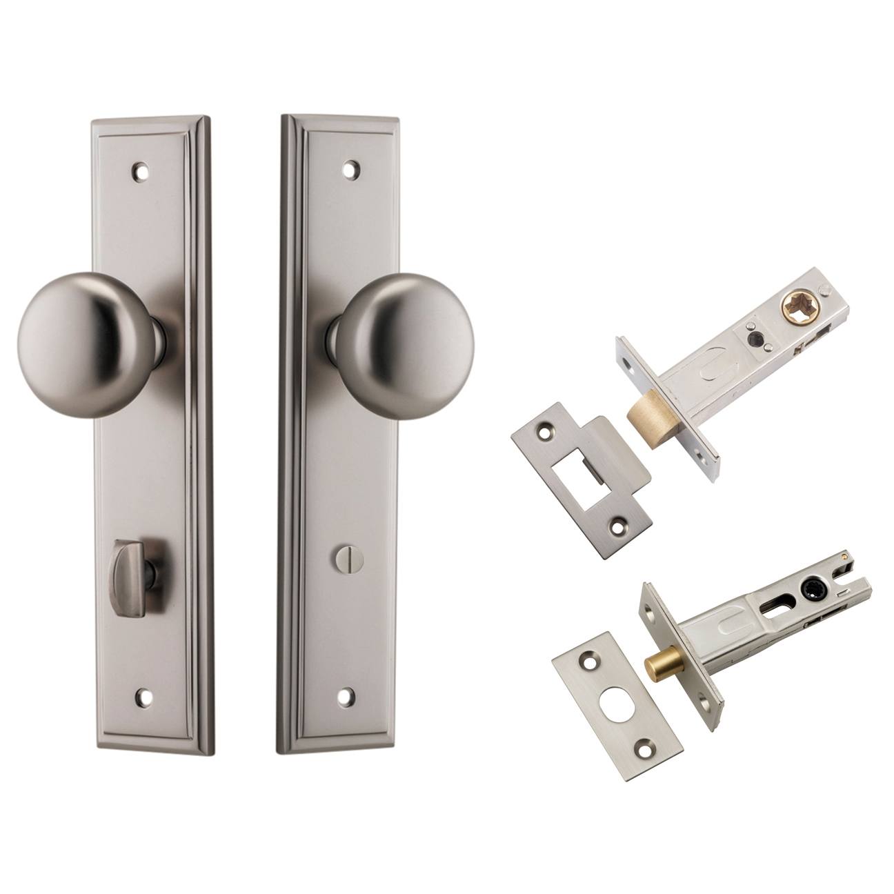 Cambridge Knob Stepped Backplate Privacy Kit w Privacy Turn Satin Nickel