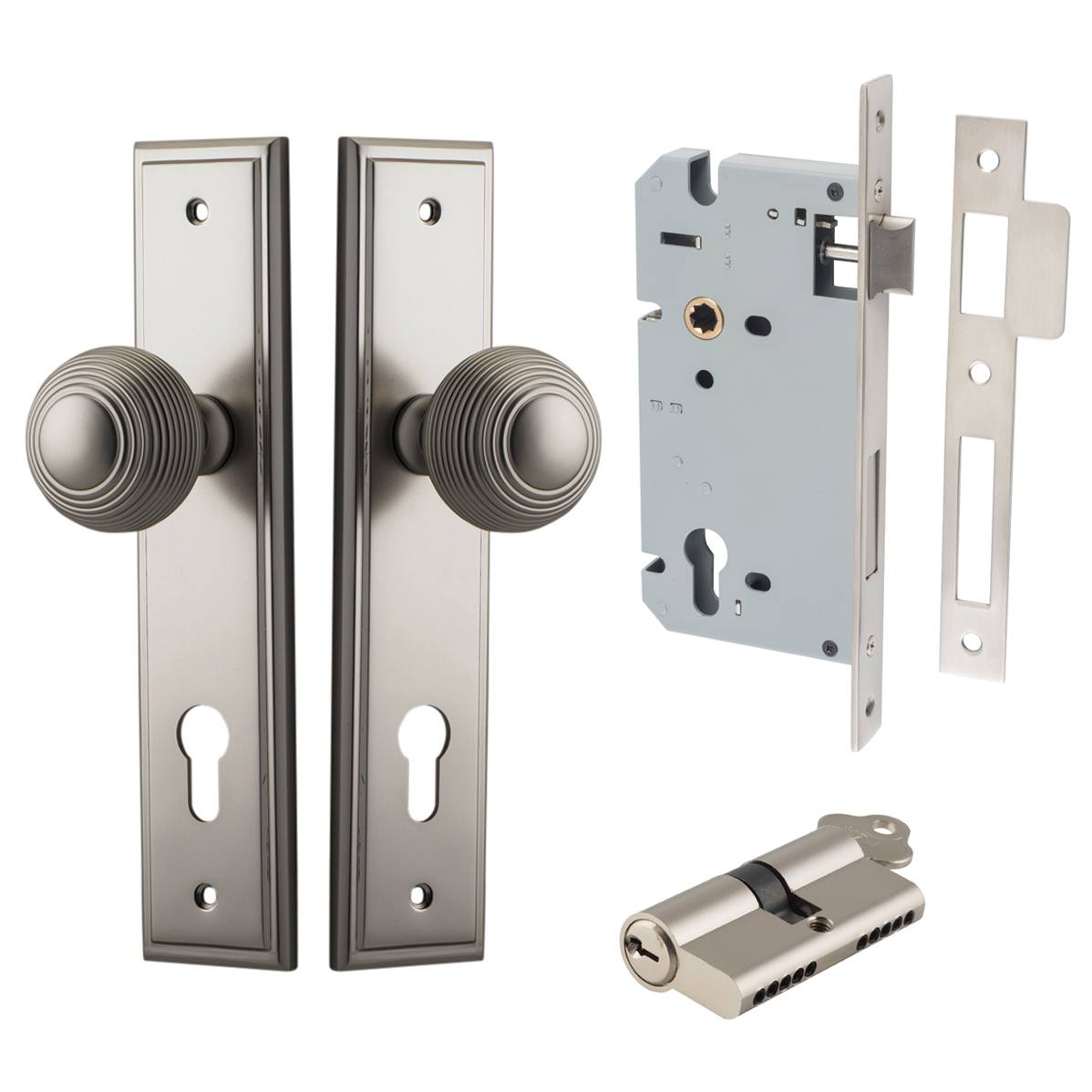 Guildford Knob Stepped Backplate Entrance Kit w High Security Lock Satin Nickel