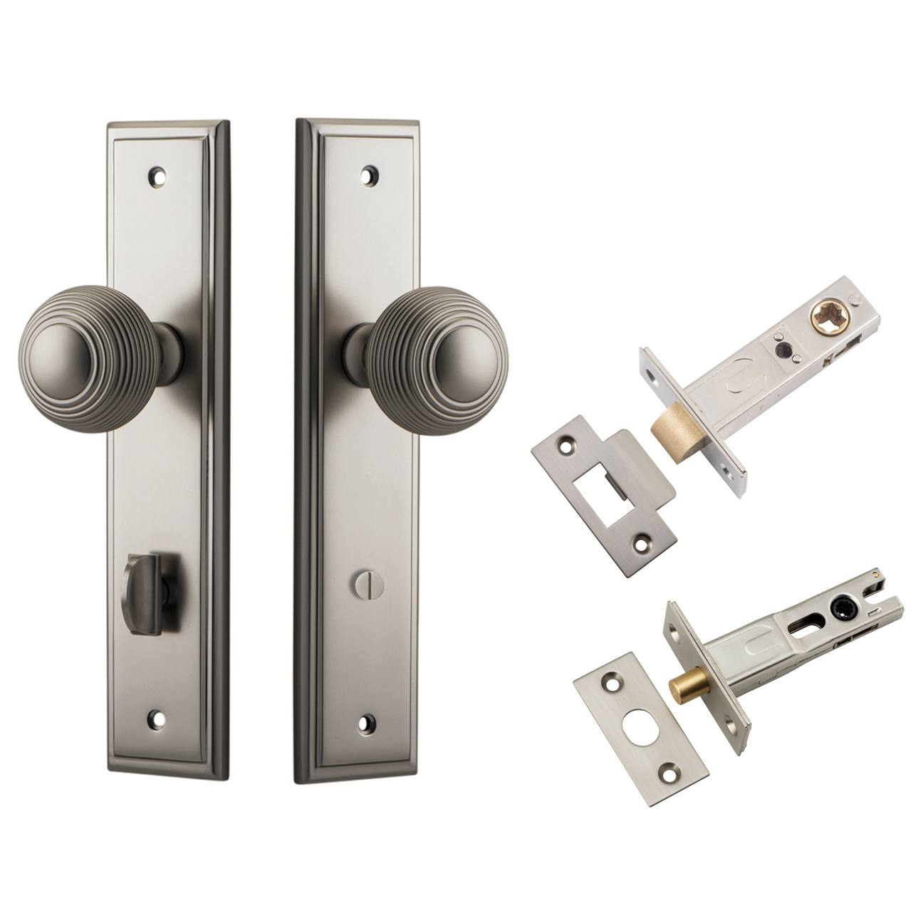 Guildford Knob Stepped Backplate Privacy Kit w Privacy Turn Satin Nickel