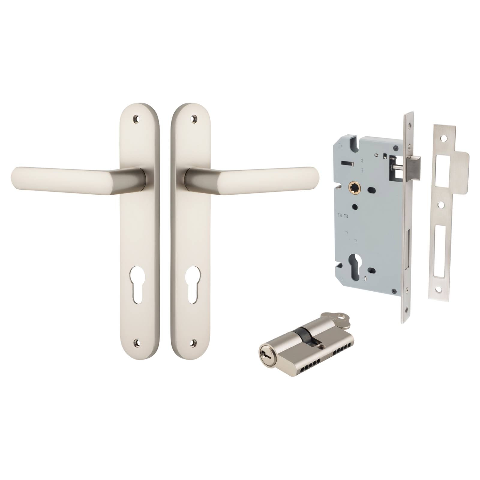 Osaka Lever Oval Backplate Entrance Kit w High Security Lock Satin Nickel