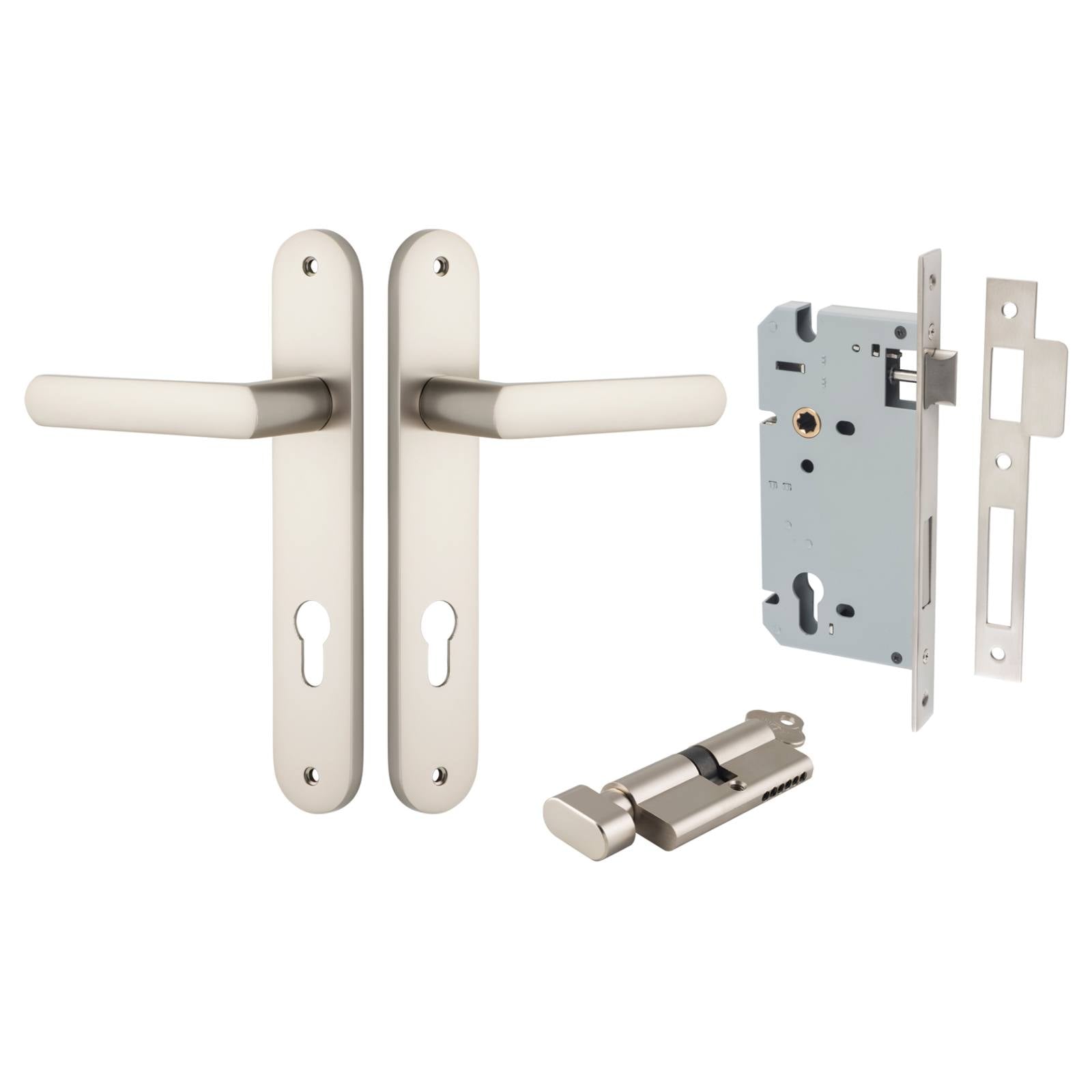 Osaka Lever Oval Backplate Entrance Kit w High Security Lock Satin Nickel