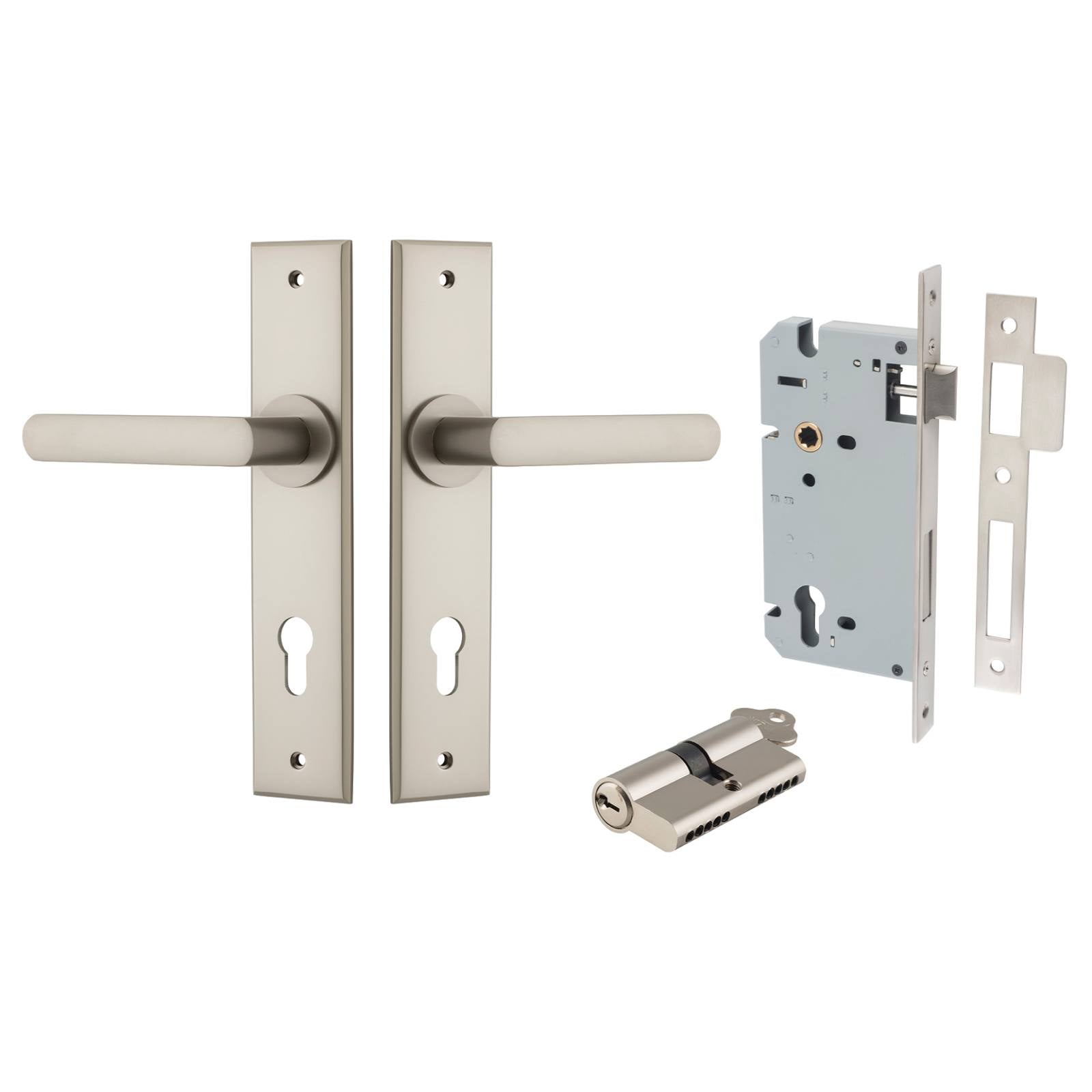 Osaka Lever Chamfered Backplate Entrance Kit w High Security Lock Satin Nickel
