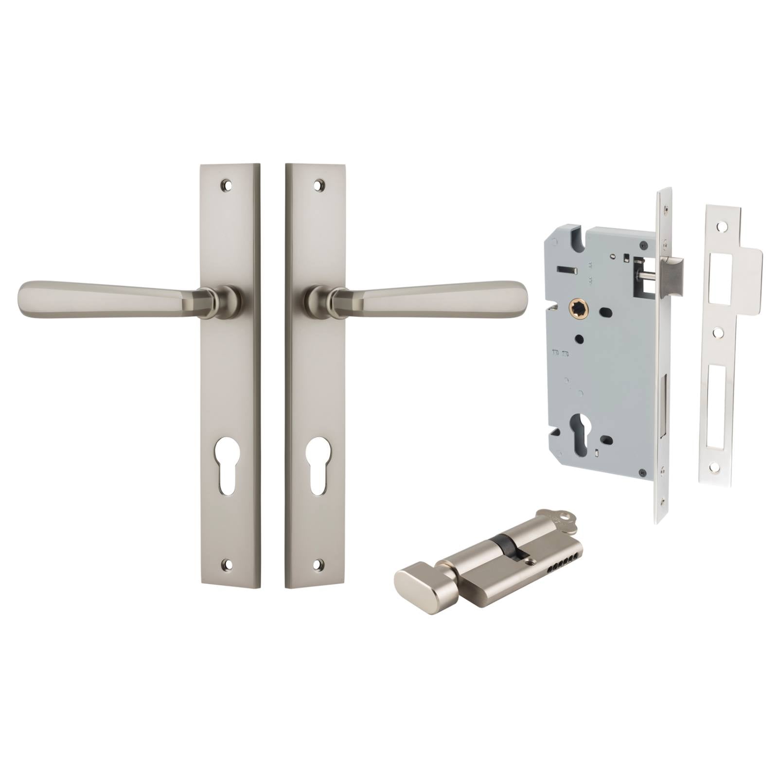 Copenhagen Lever Rectangular Backplate Entrance Kit w High Security Lock Satin Nickel