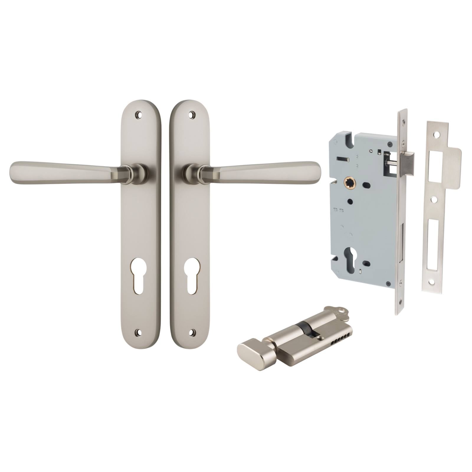 Copenhagen Lever Oval Backplate Entrance Kit w High Security Lock Satin Nickel