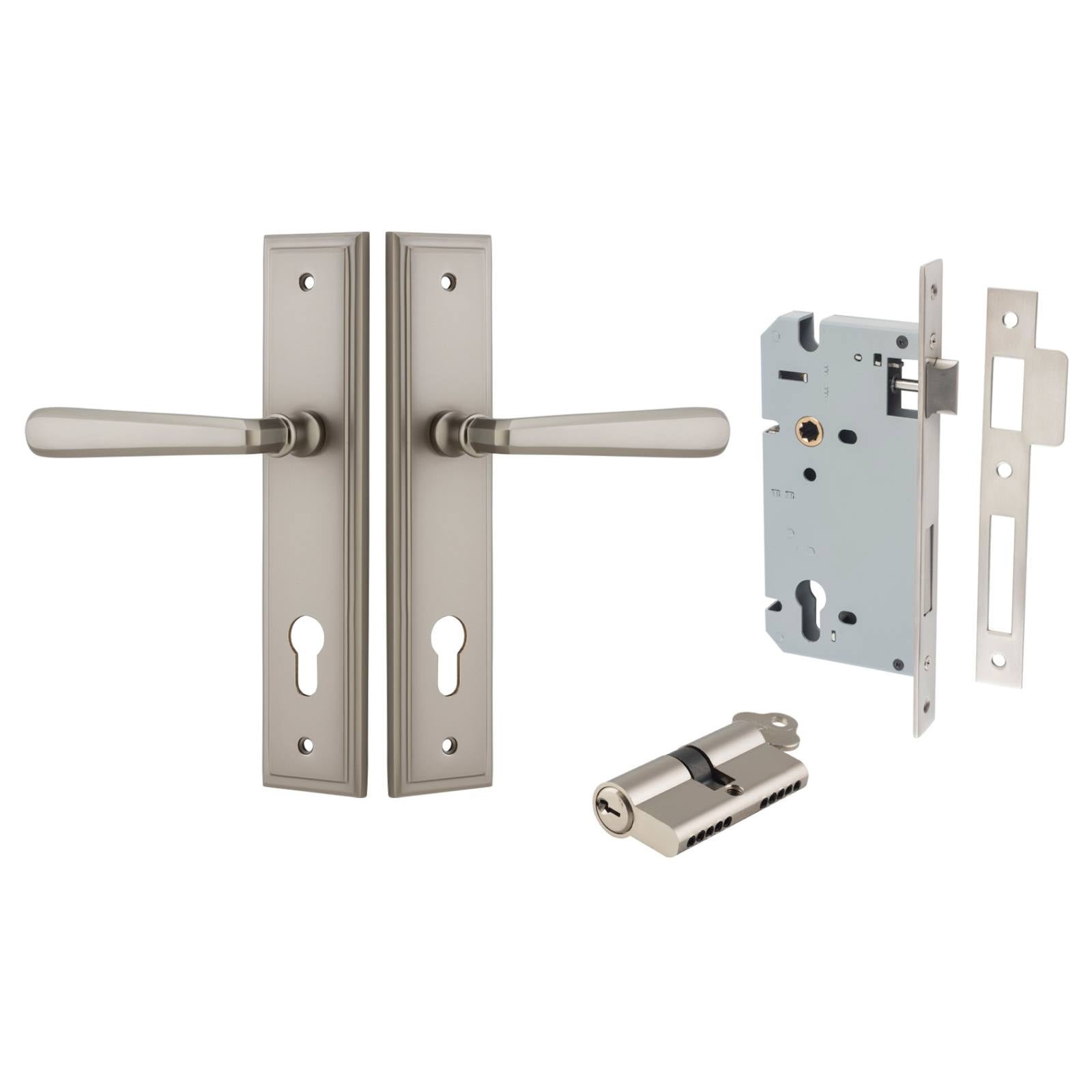 Copenhagen Lever Stepped Backplate Entrance Kit w High Security Lock Satin Nickel