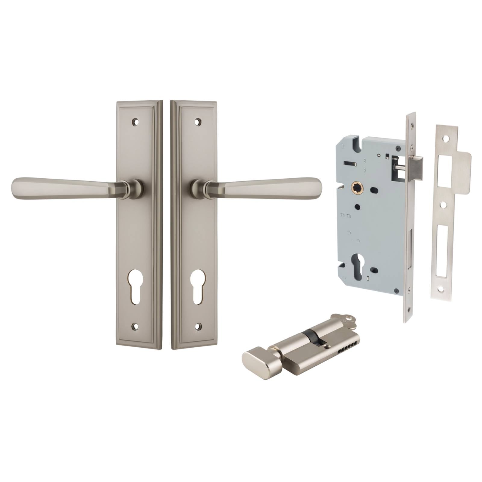 Copenhagen Lever Stepped Backplate Entrance Kit w High Security Lock Satin Nickel