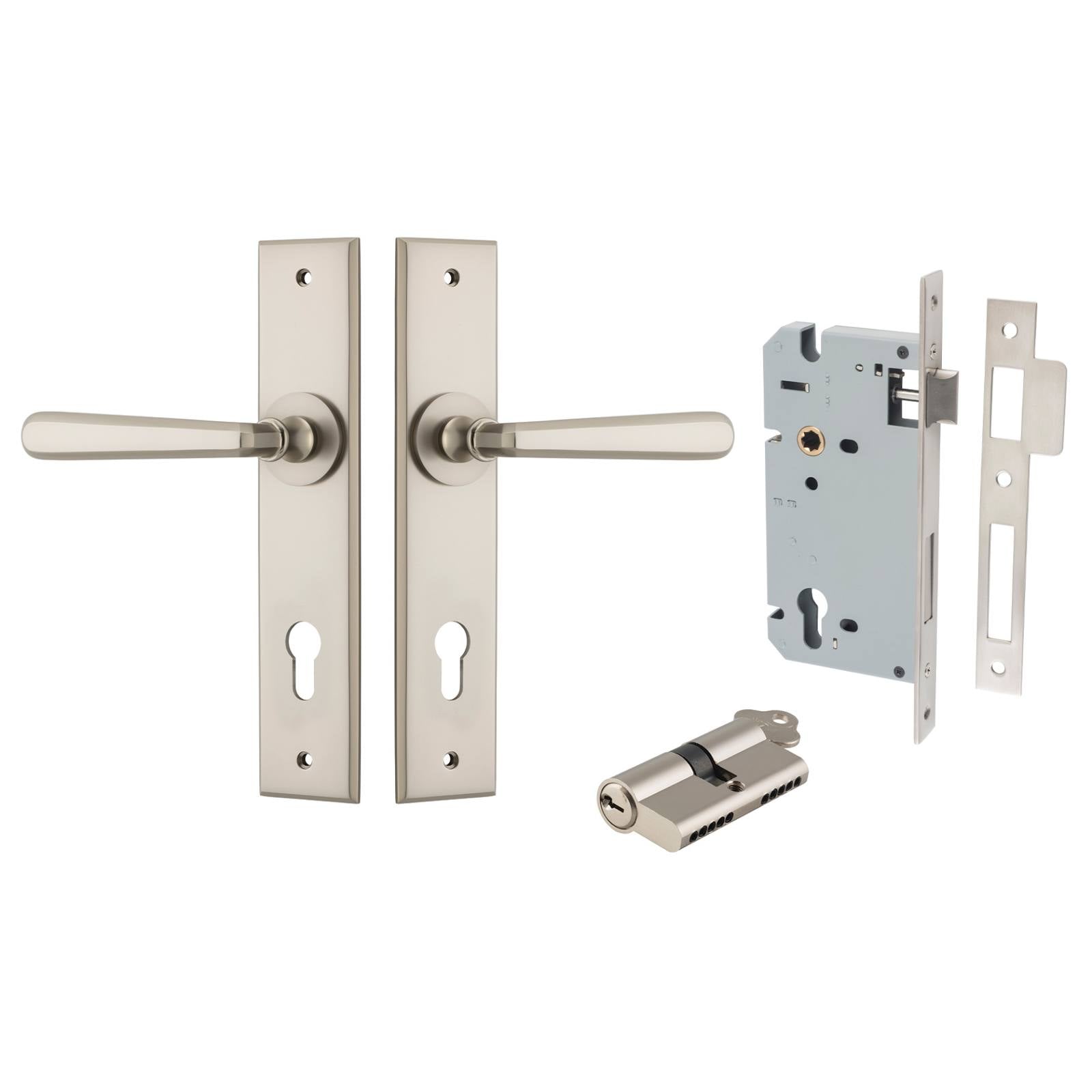 Copenhagen Lever Chamfered Backplate Entrance Kit w High Security Lock Satin Nickel