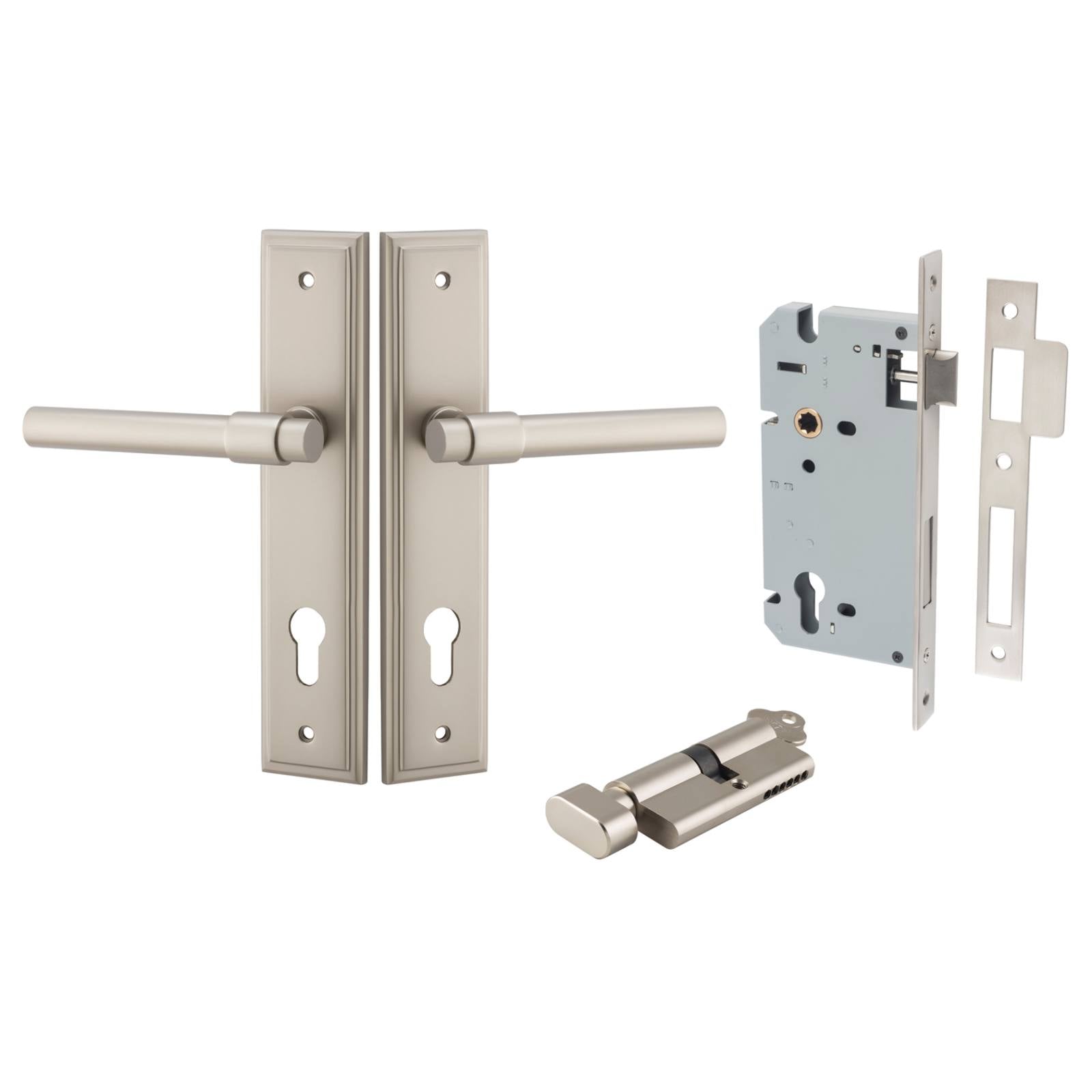 Helsinki Lever Stepped Backplate Entrance Kit w High Security Lock Satin Nickel