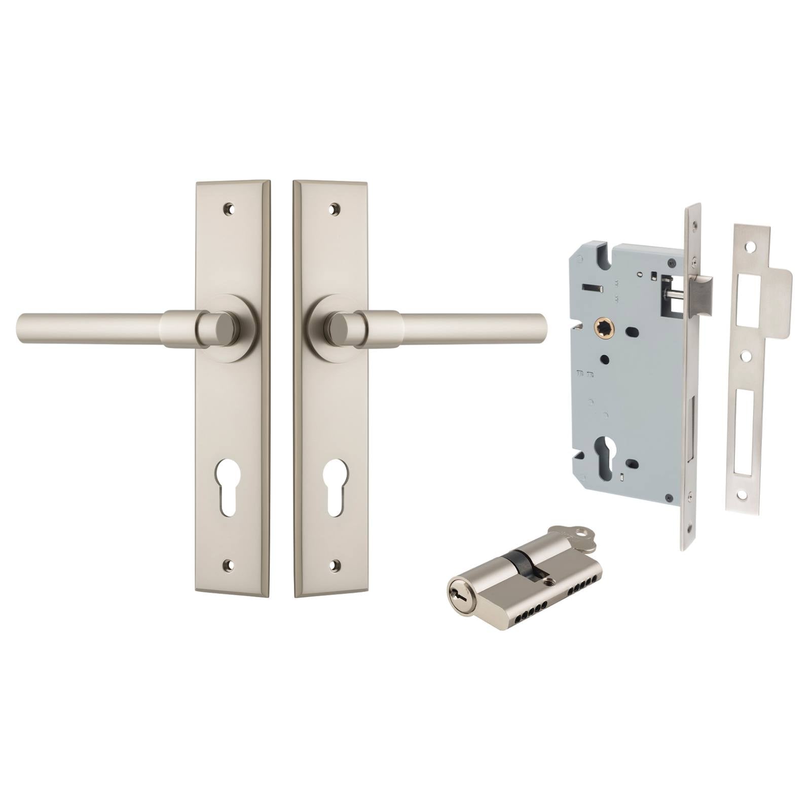 Helsinki Lever Chamfered Backplate Entrance Kit w High Security Lock Satin Nickel