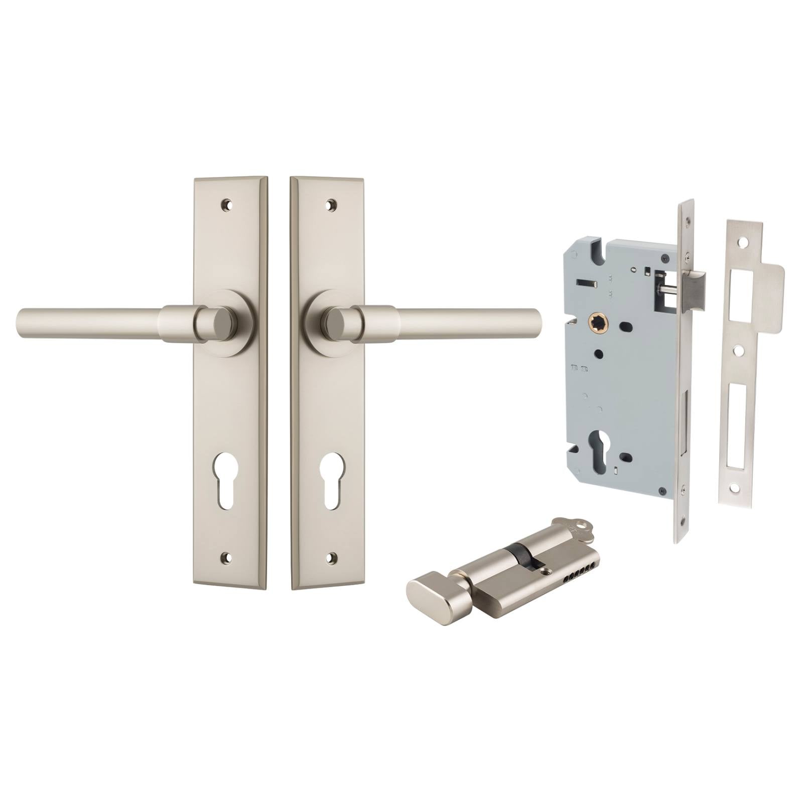 Helsinki Lever Chamfered Backplate Entrance Kit w High Security Lock Satin Nickel