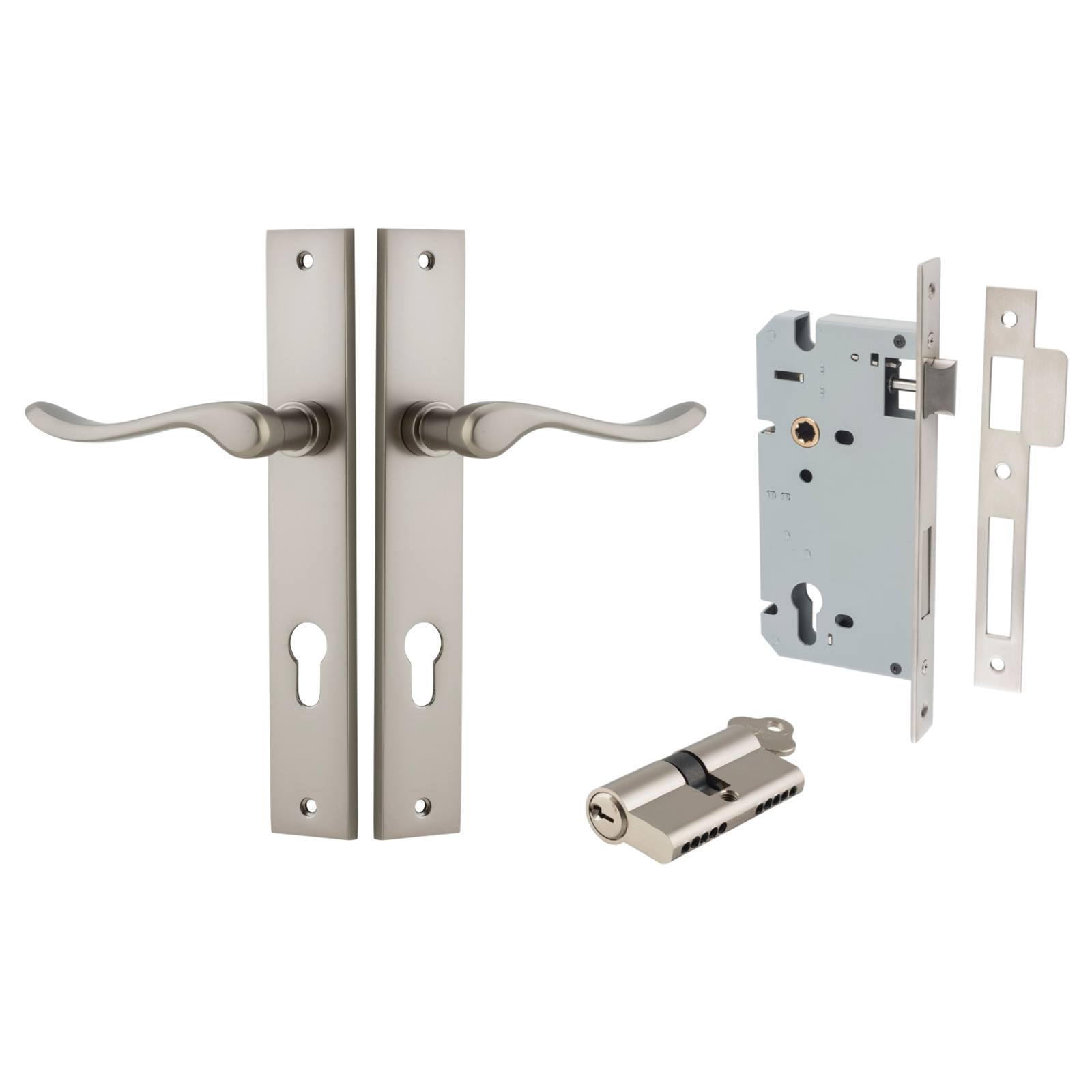 Stirling Lever Rectangular Backplate Entrance Kit w High Security Lock Satin Nickel