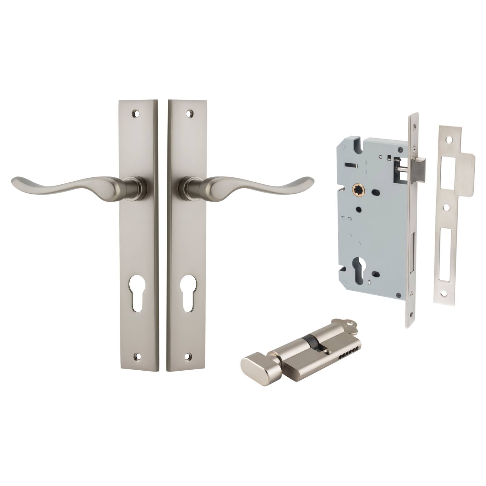 Stirling Lever Rectangular Backplate Entrance Kit w High Security Lock Satin Nickel
