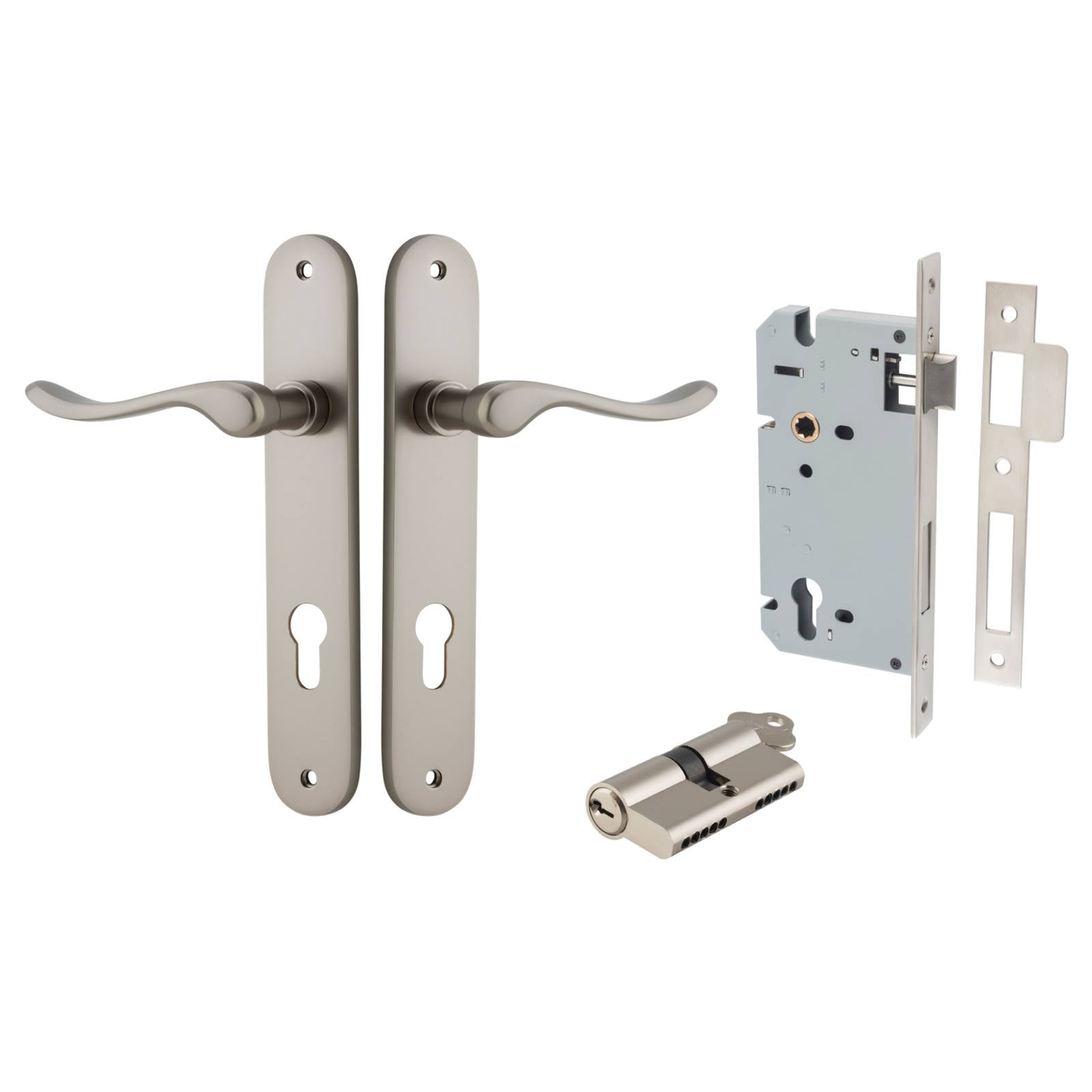 Stirling Lever Oval Backplate Entrance Kit w High Security Lock Satin Nickel