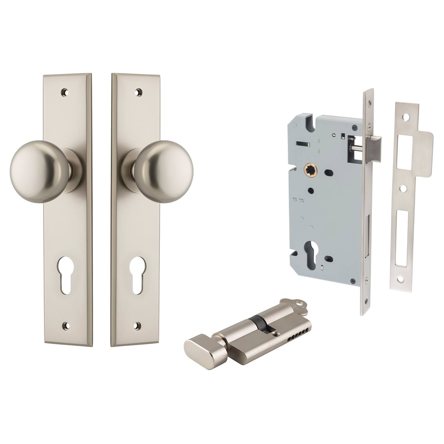 Cambridge Knob Chamfered Backplate Entrance Kit w High Security Lock Satin Nickel