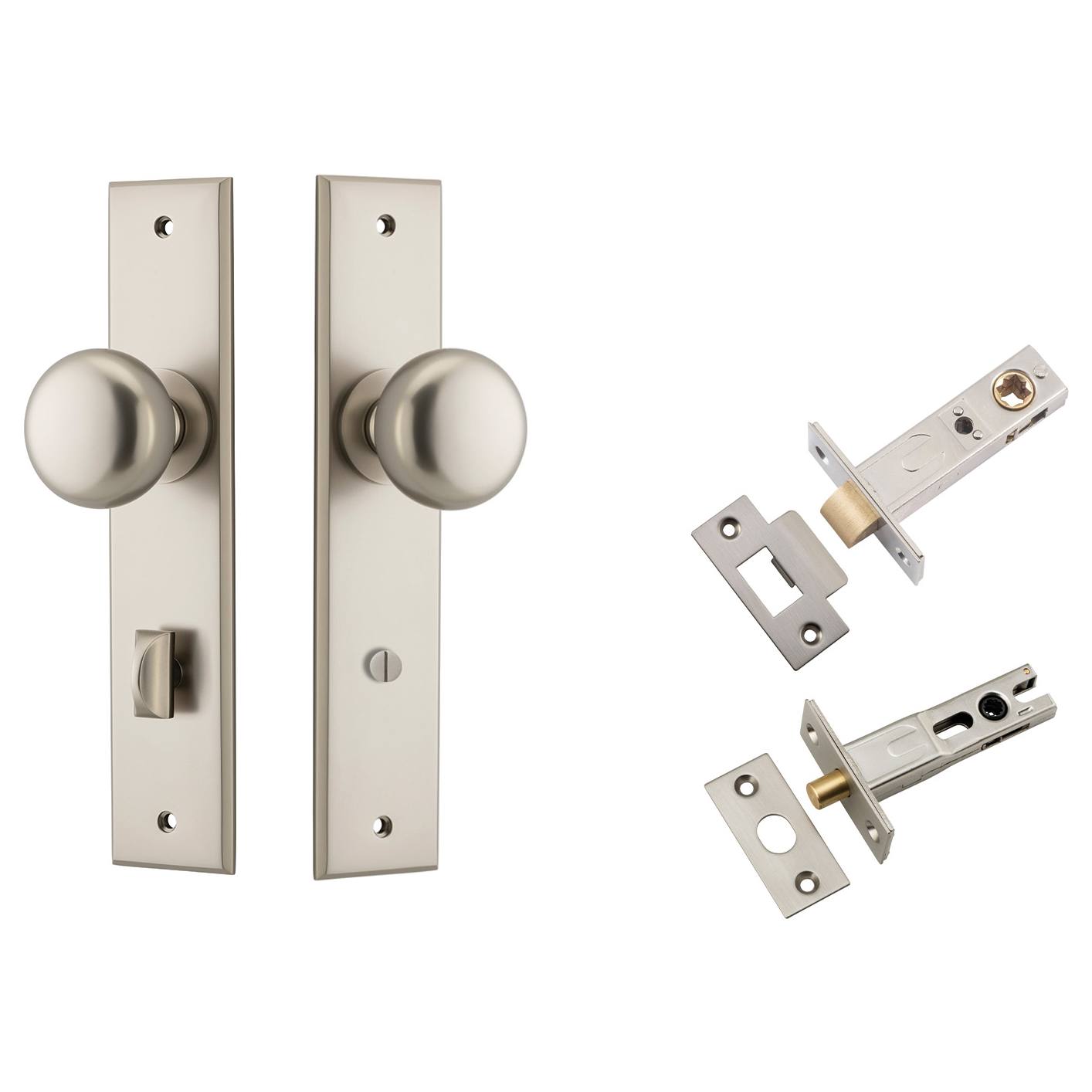 Cambridge Knob Chamfered Backplate Privacy Kit w Privacy Turn Satin Nickel