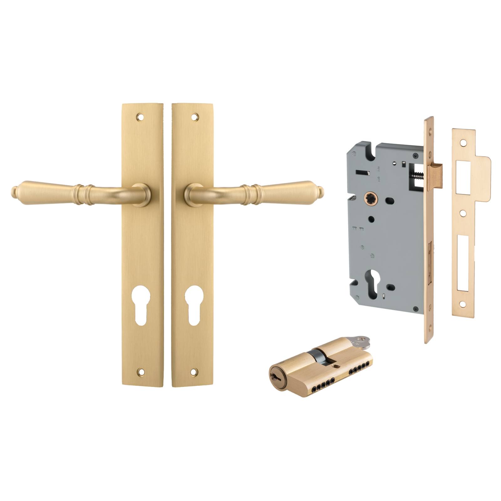 Sarlat Lever Rectangular Backplate Entrance Kit w High Security Lock Brushed Brass