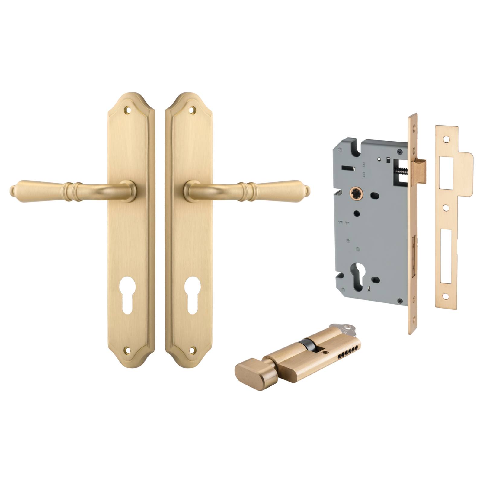 Sarlat Lever Shouldered Backplate Entrance Kit with High Security Lock Brushed Brass