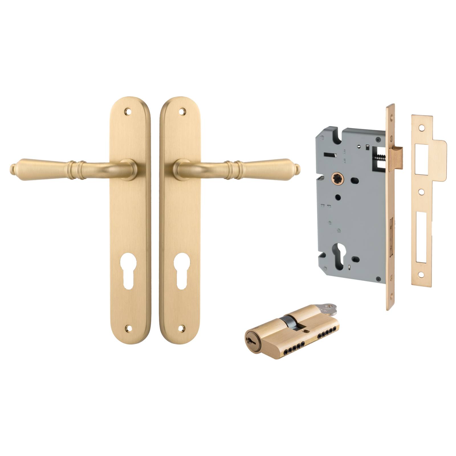 Sarlat Lever Oval Backplate Entrance Kit w High Security Lock Brushed Brass