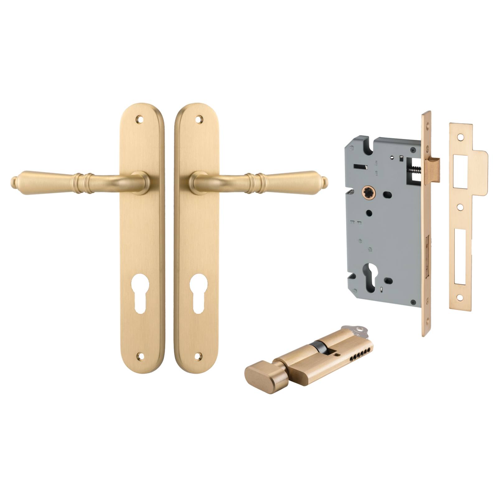 Sarlat Lever Oval Backplate Entrance Kit w High Security Lock Brushed Brass