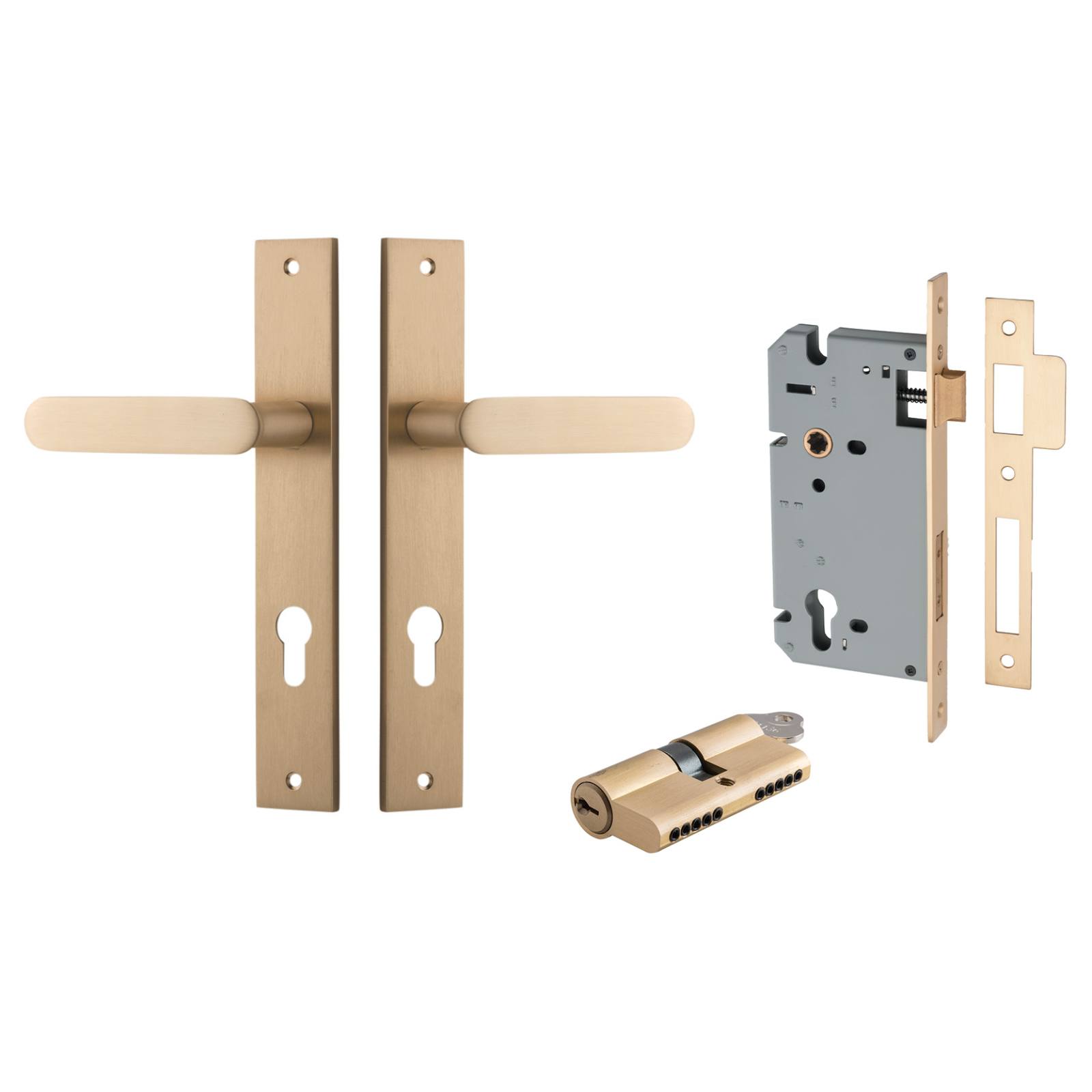 Bronte Lever Rectangular Backplate Entrance Kit w High Security Lock Brushed Brass