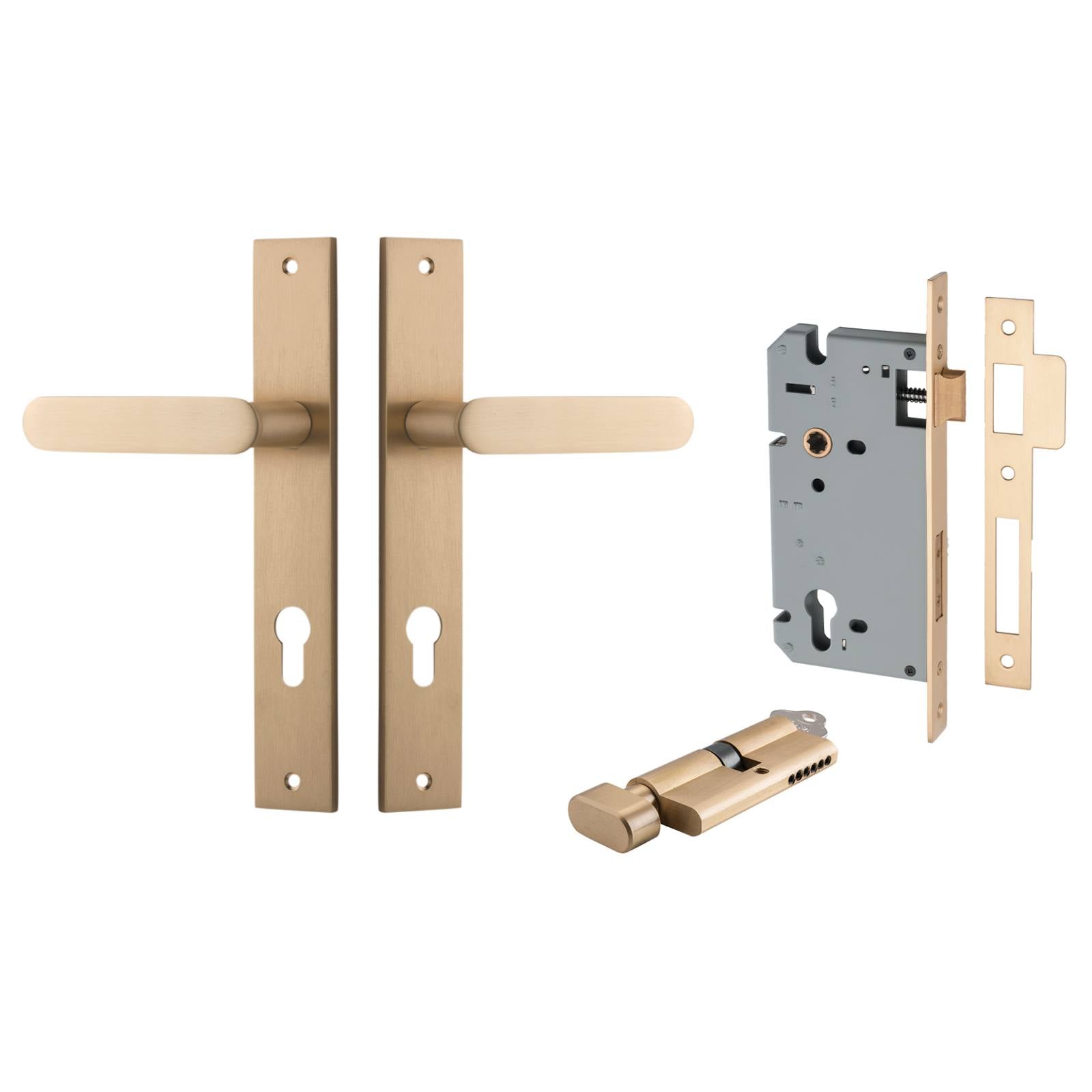 Bronte Lever Rectangular Backplate Entrance Kit w High Security Lock Brushed Brass