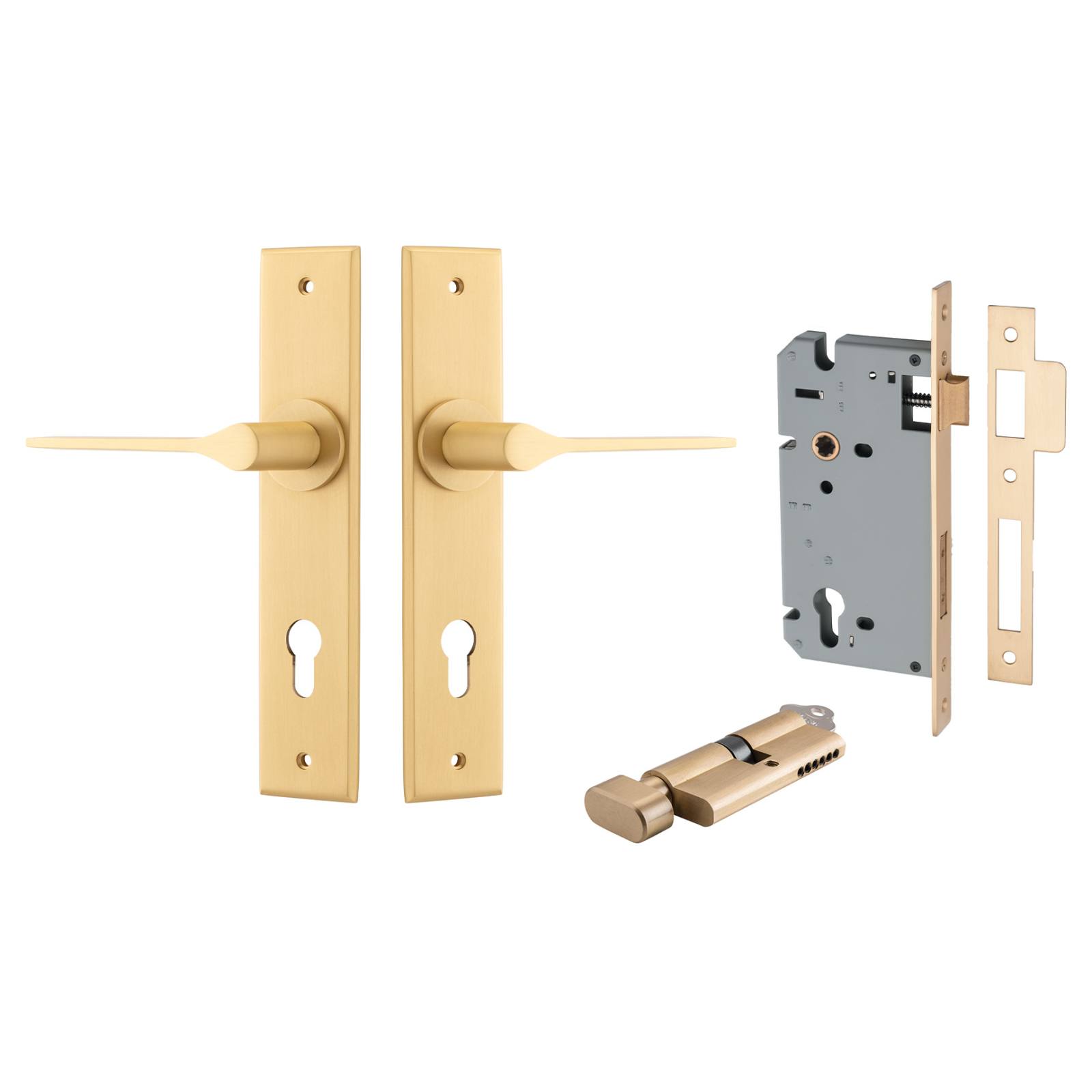 Como Lever Chamfered Backplate Entrance Kit w High Security Lock Brushed Brass