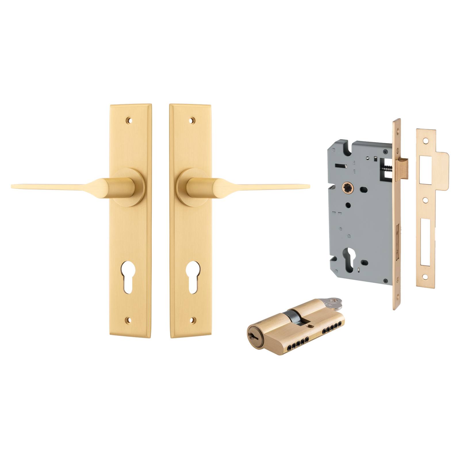 Como Lever Chamfered Backplate Entrance Kit w High Security Lock Brushed Brass